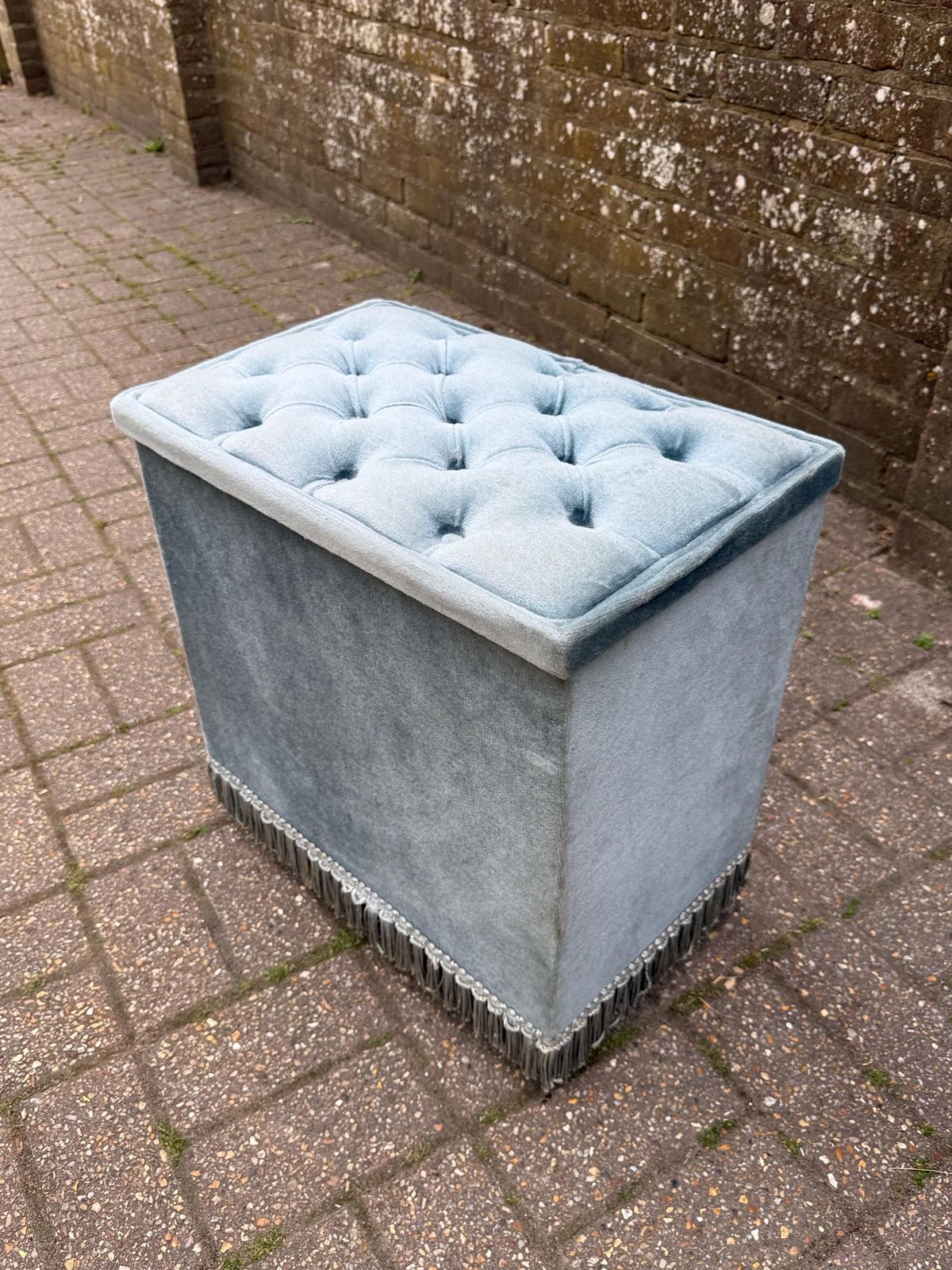 photo for sale Vintage Blue Velvet Storage Ottoman Stool On Casters – Tufted Bedroom Linen Box / Sewing Stool