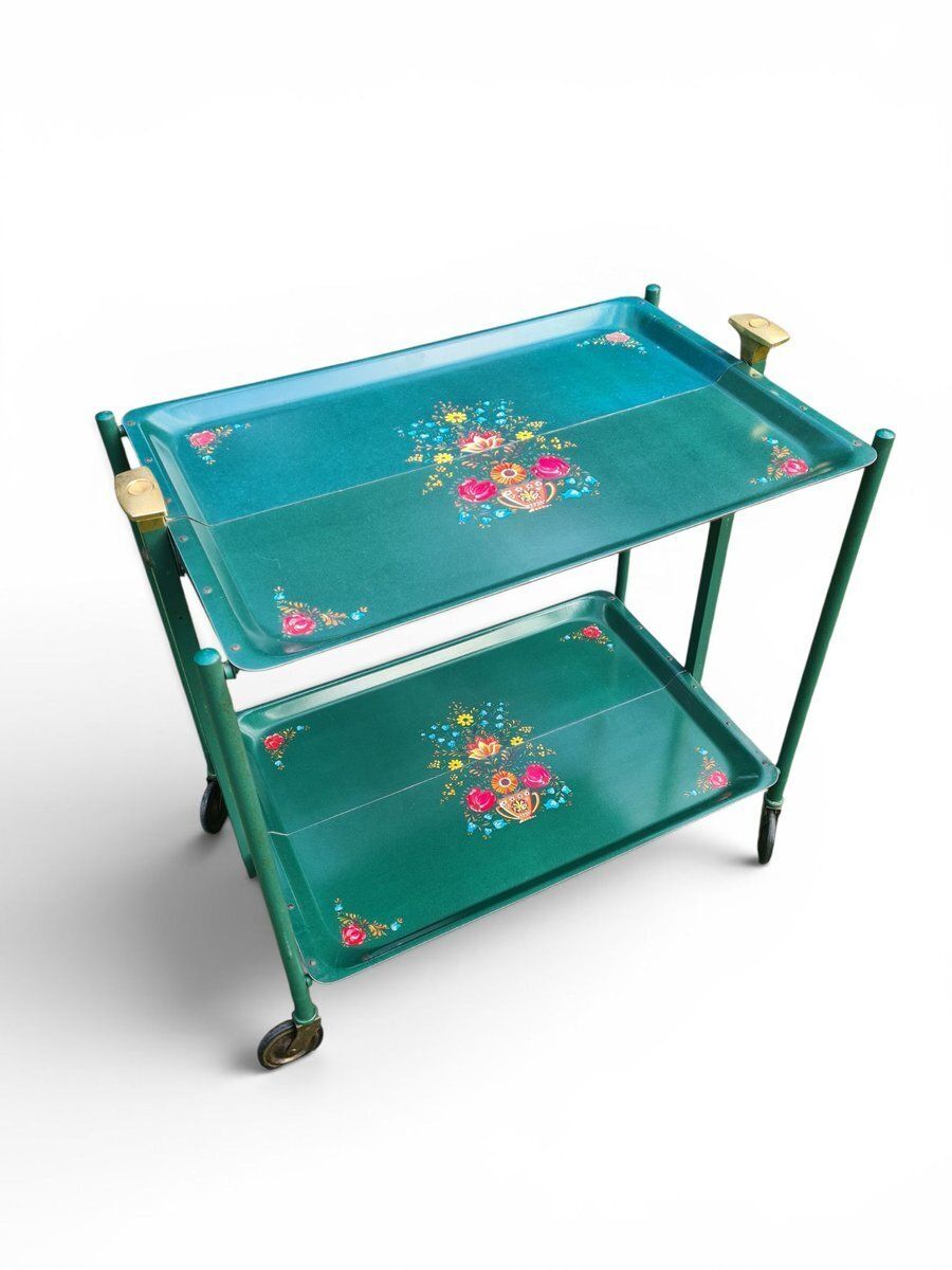 Folding Green Trolley With Floral Decor, 1960s 1970s photo 303.0