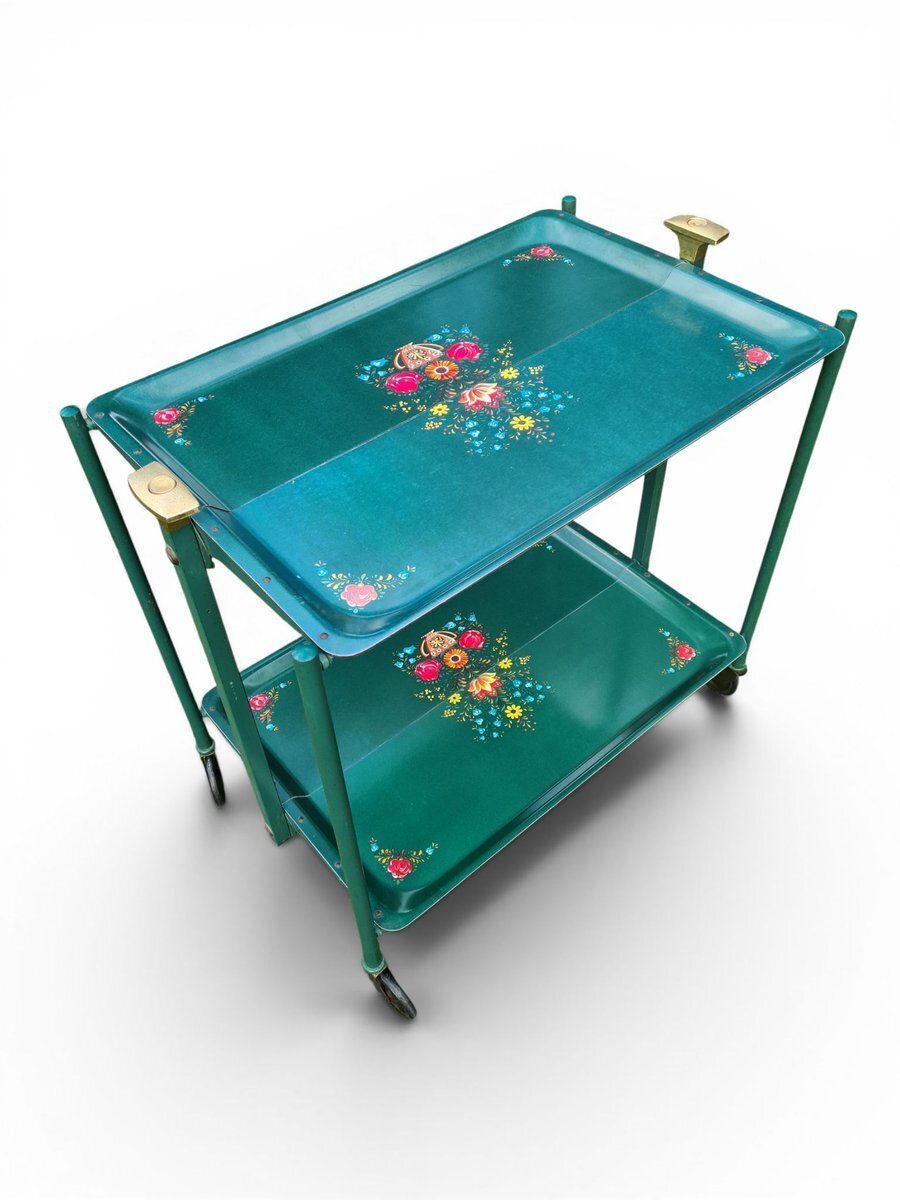 photo for sale Folding Green Trolley With Floral Decor, 1960s 1970s