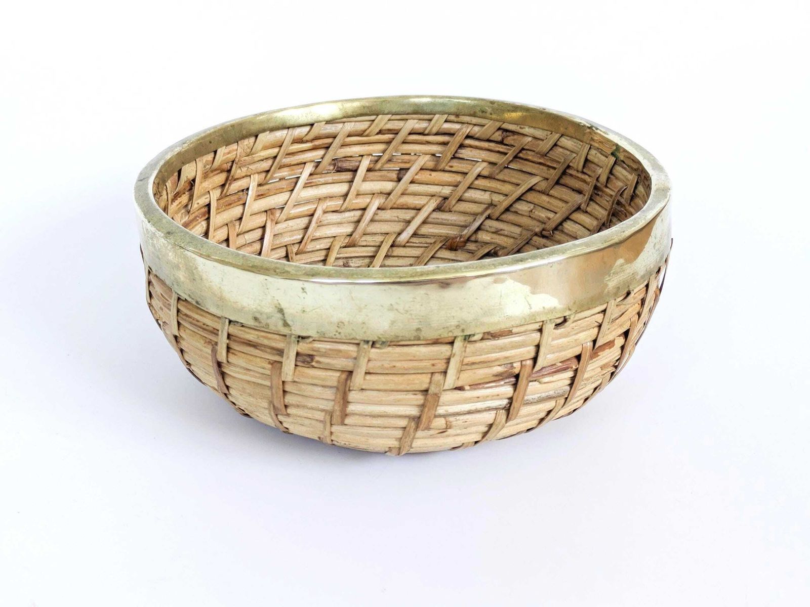 Vintage Rattan Brass Bowl Gabriella Crespi Style Mcm Boho Fruit Basket 1960s 70s