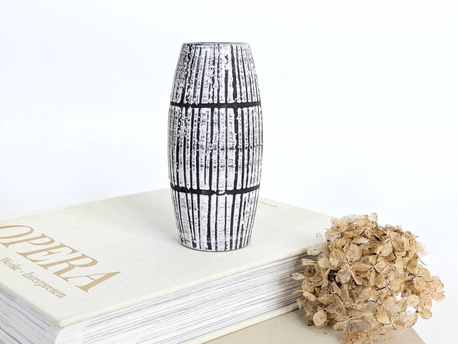 110.0 Scheurich West Germany Bambus Vase Black White Lava Glaze Teal Accent Mcm Ceramic 1960s photo
