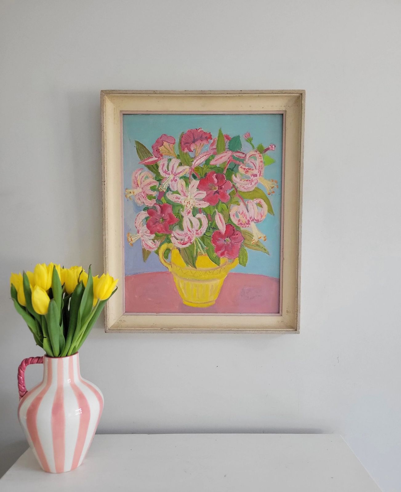 Pink Lilies In A Yellow Jug Original Mid Century Floral Oil On Board photo furniture