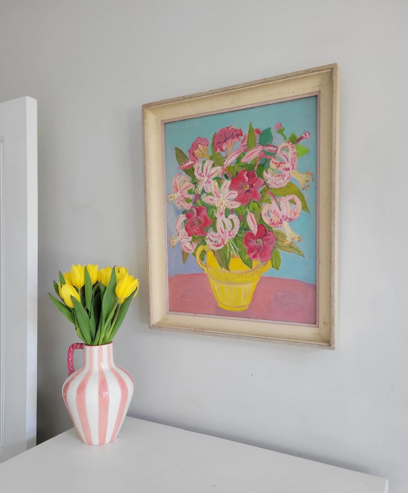 Pink Lilies In A Yellow Jug Original Mid Century Floral Oil On Board photo for sale