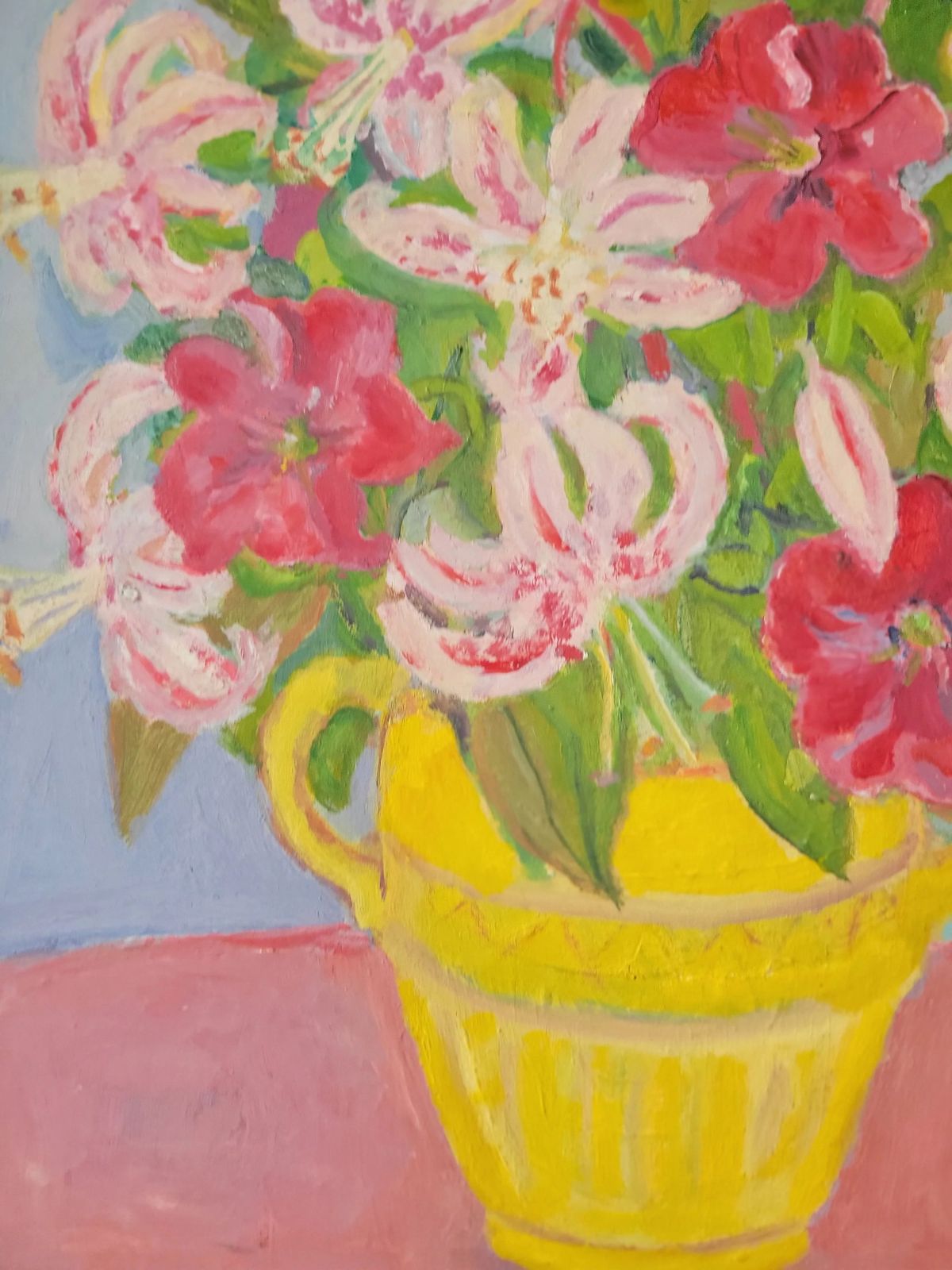 Pink Lilies In A Yellow Jug Original Mid Century Floral Oil On Board photo buy