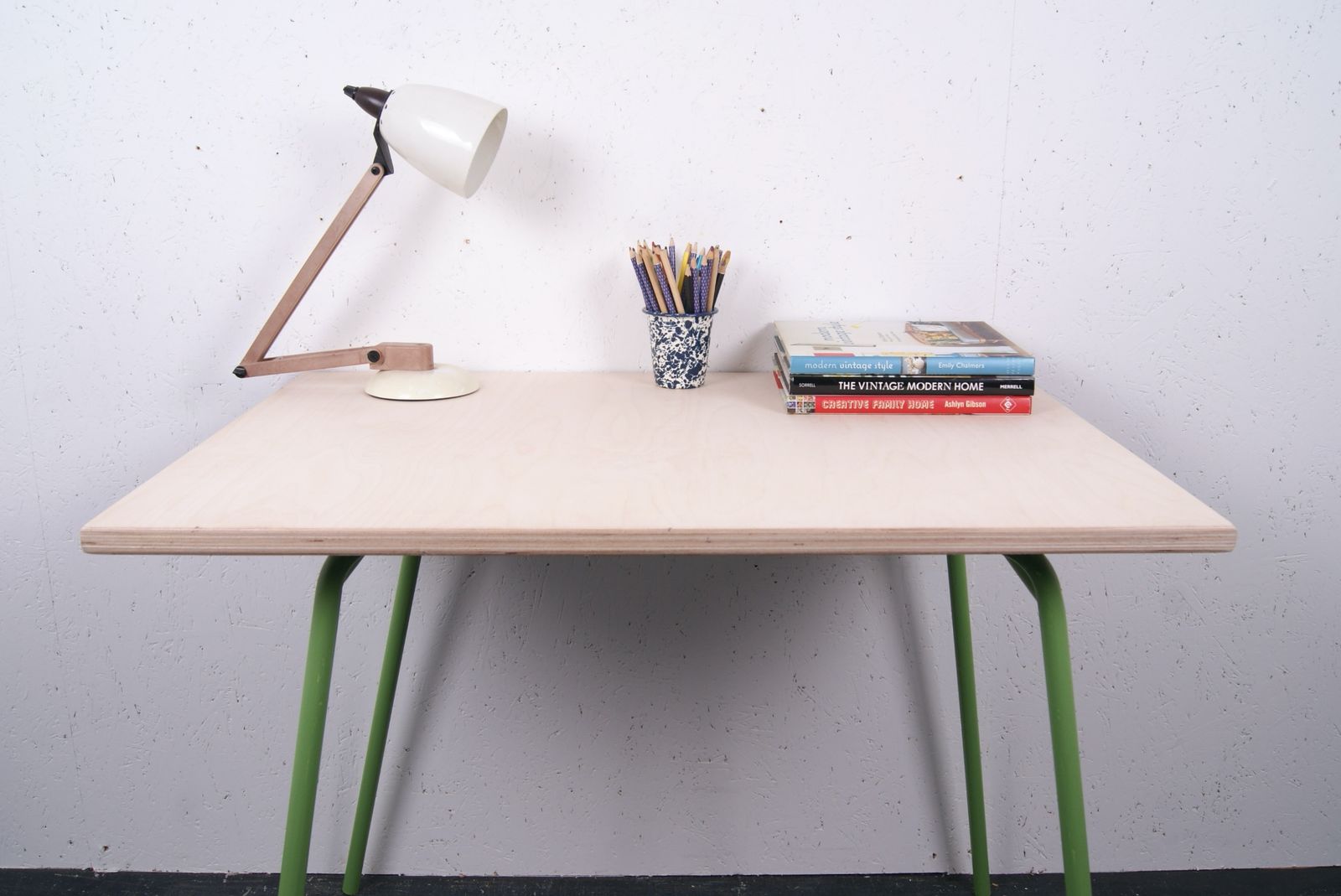 Green Metal Legged Table With Birch Ply Top photo Furniture