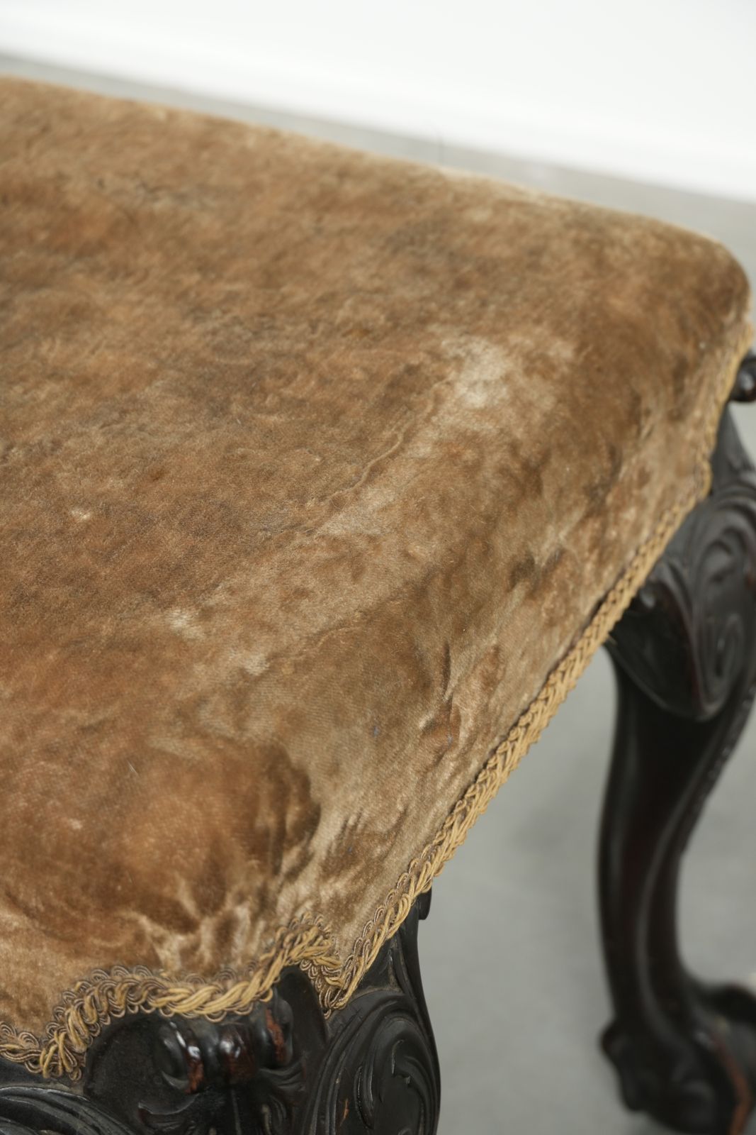 Antique Dutch Seat/Ottoman From The 18th Century With Velvet Fabric, Beautiful Wood Carving, And Claw Feet. photo vintage