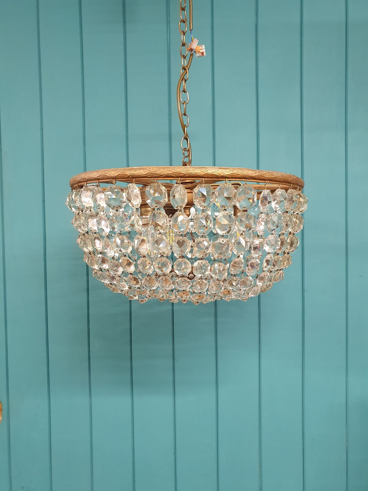 Antique Early 20th Century Brass & Cut Glass Bag Chandelier 16"