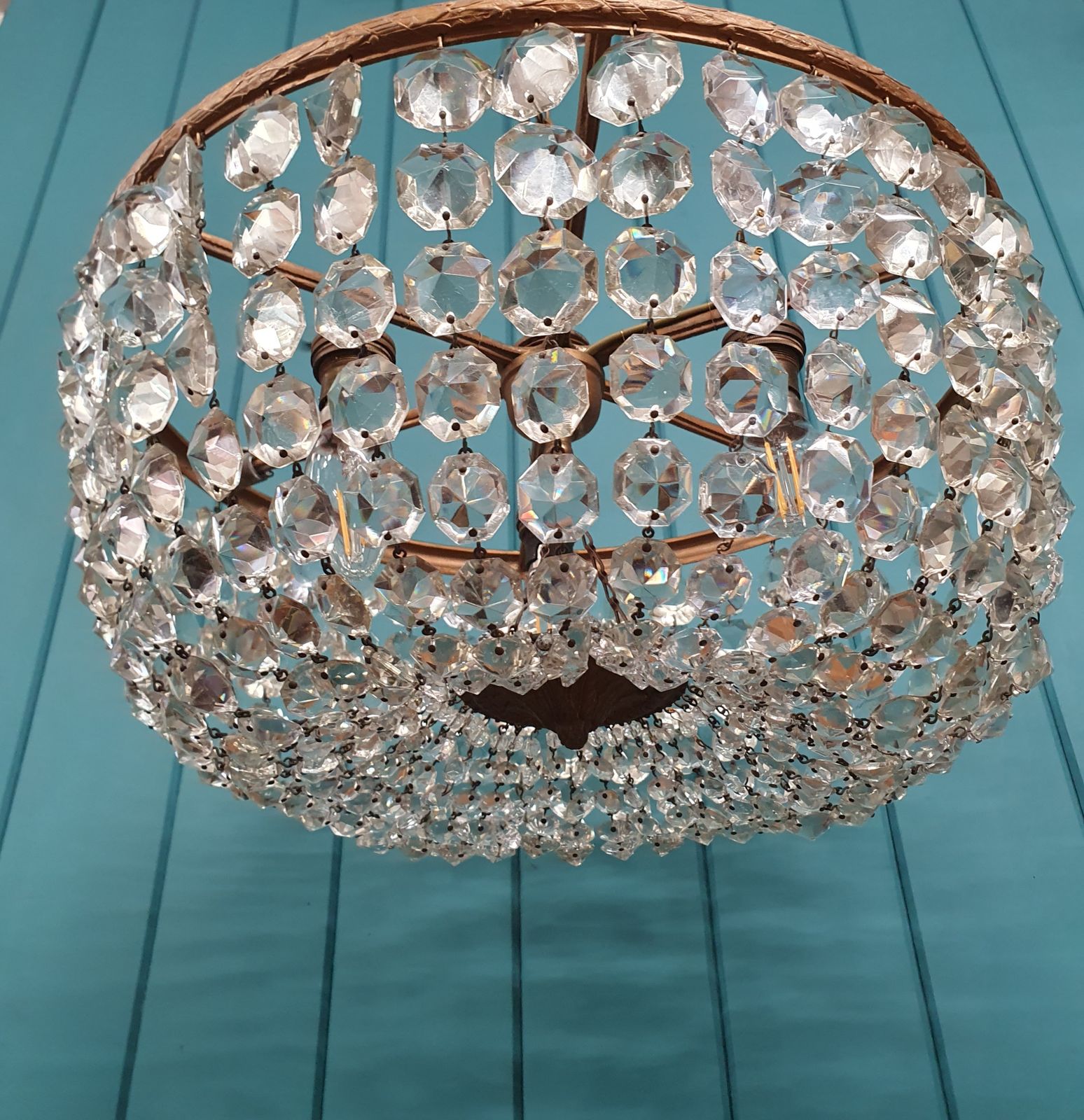 Antique Early 20th Century Brass & Cut Glass Bag Chandelier 16" photo vinterior