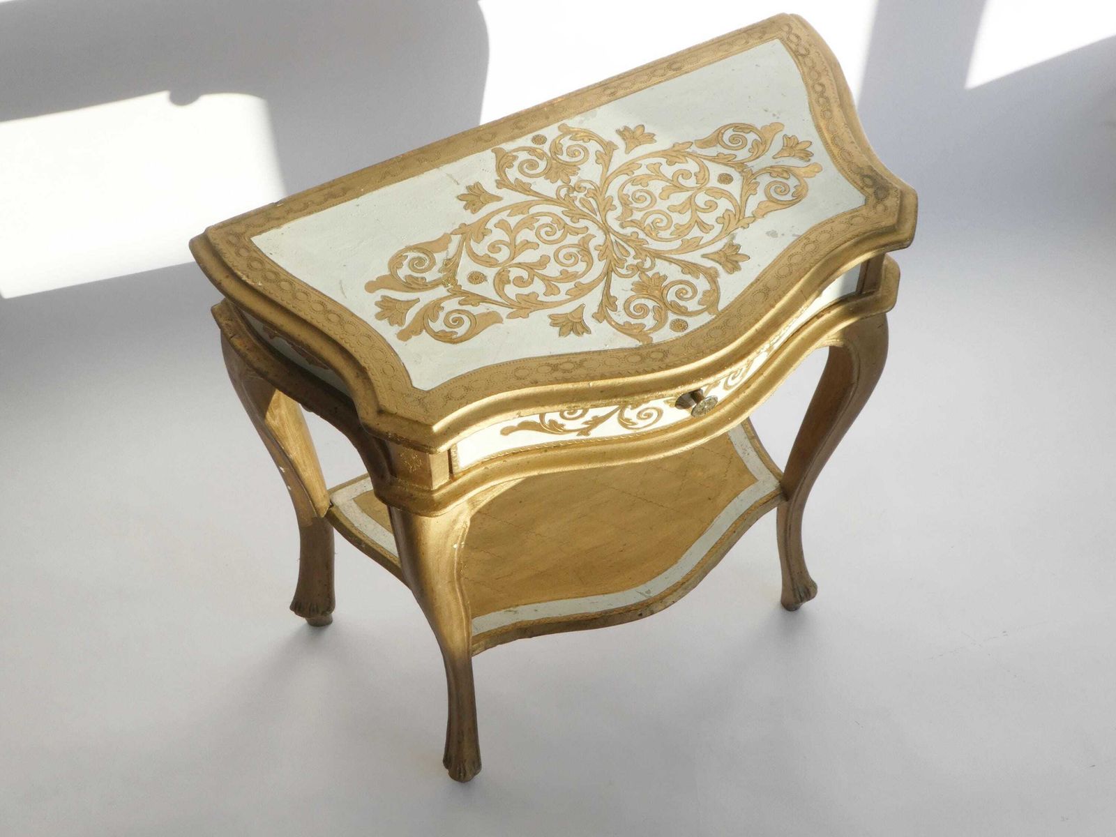 Mid Century Gilded Florentine Wooden Entry Table, Gold White Console, Mid Century Nightstand Hollywood Regency Side Table photo Furniture