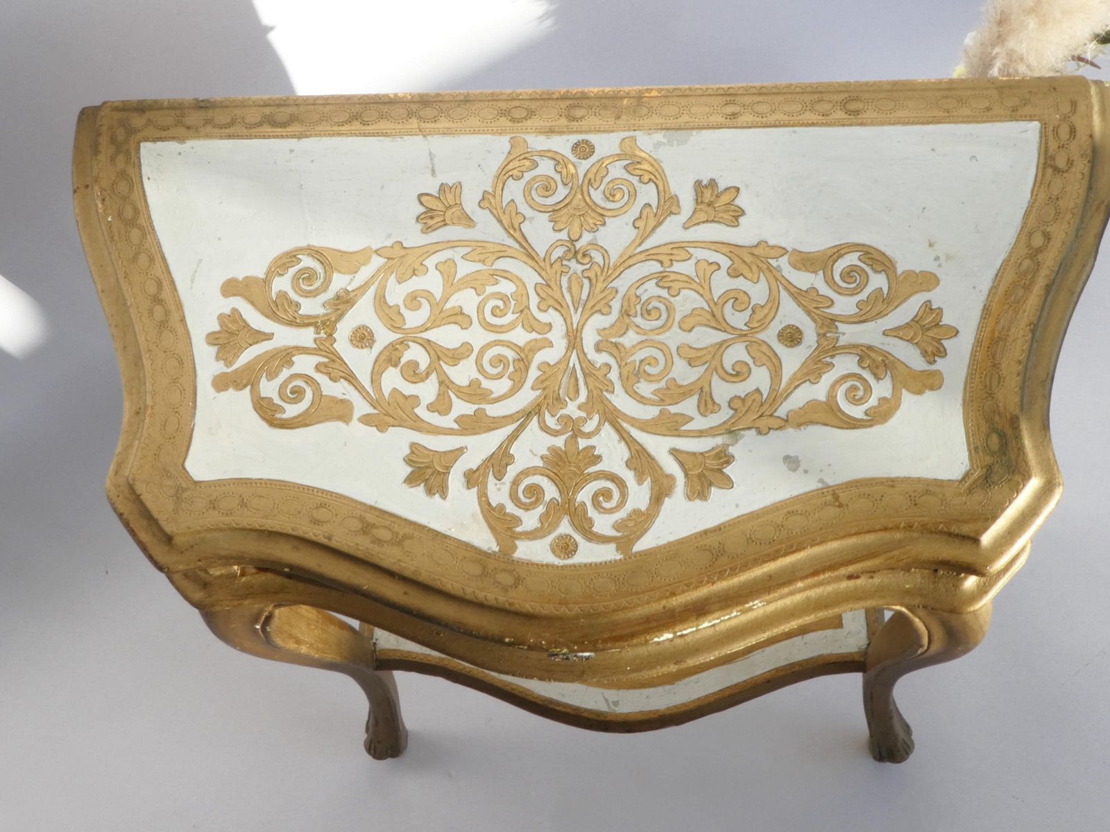 photo furniture Mid Century Gilded Florentine Wooden Entry Table, Gold White Console, Mid Century Nightstand Hollywood Regency Side Table