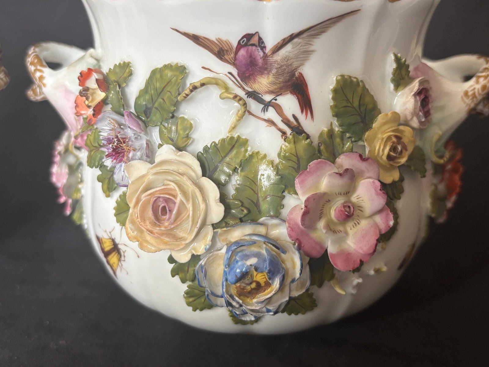 A Pair Of Antique Meissen Floral Encrusted Handle Vases C1910 Stunning Detail photo vinterior