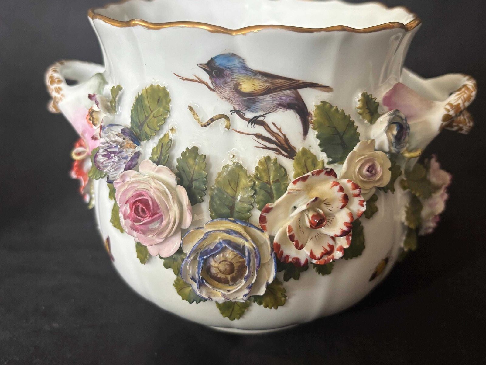 photo for sale A Pair Of Antique Meissen Floral Encrusted Handle Vases C1910 Stunning Detail