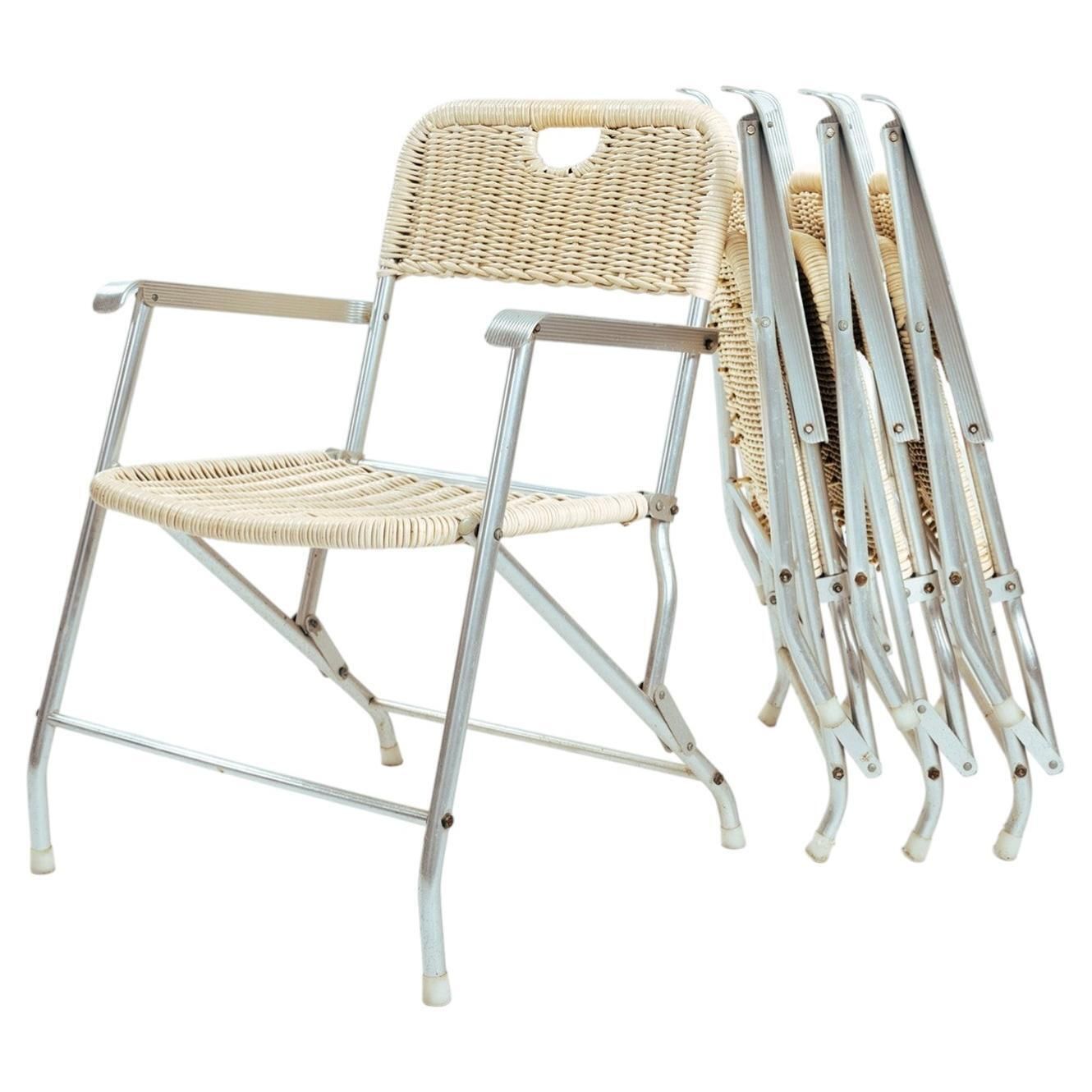 4 Mid Century Tossa Wicker Folding Garden Chairs By Hilbrant, Italy, 1960s