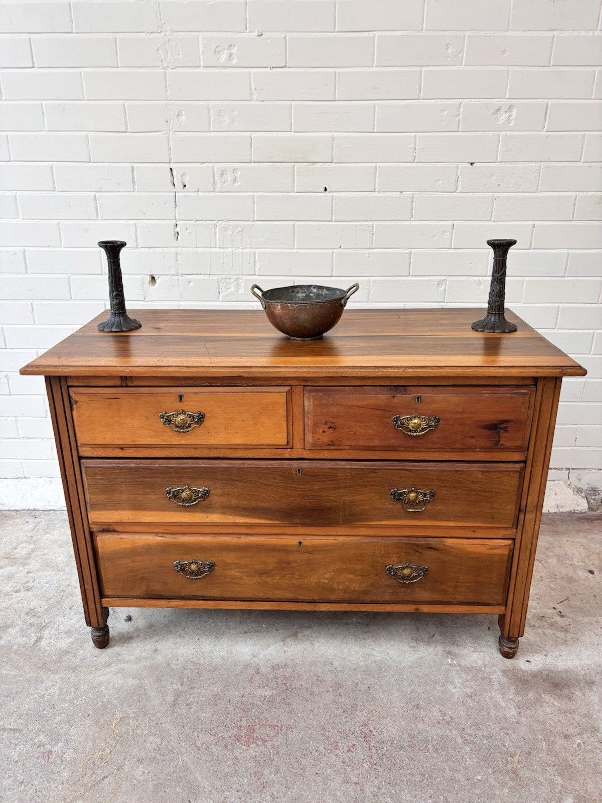 Lovely Low Chest Of Drawers. Satin Walnut With Brass Handles. photo for sale