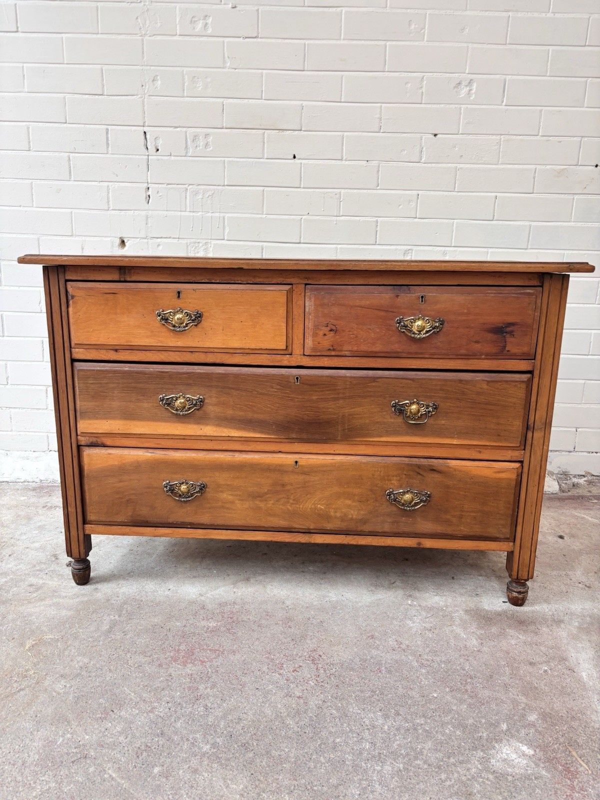 Lovely Low Chest Of Drawers. Satin Walnut With Brass Handles. photo vinterior