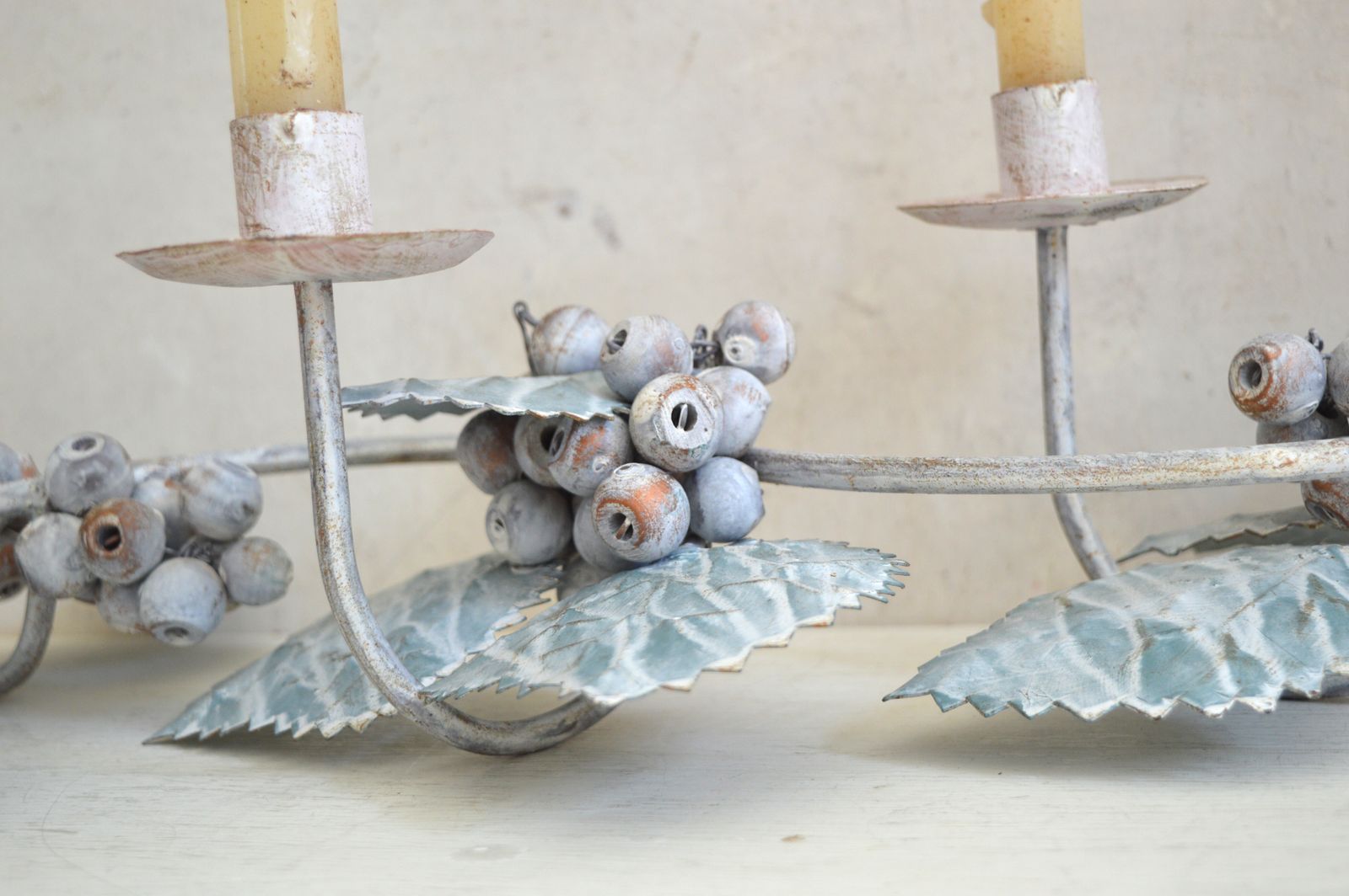 Rare Vintage Grapevine Metal Candle Holder With Blue‑Green Leaves photo for sale