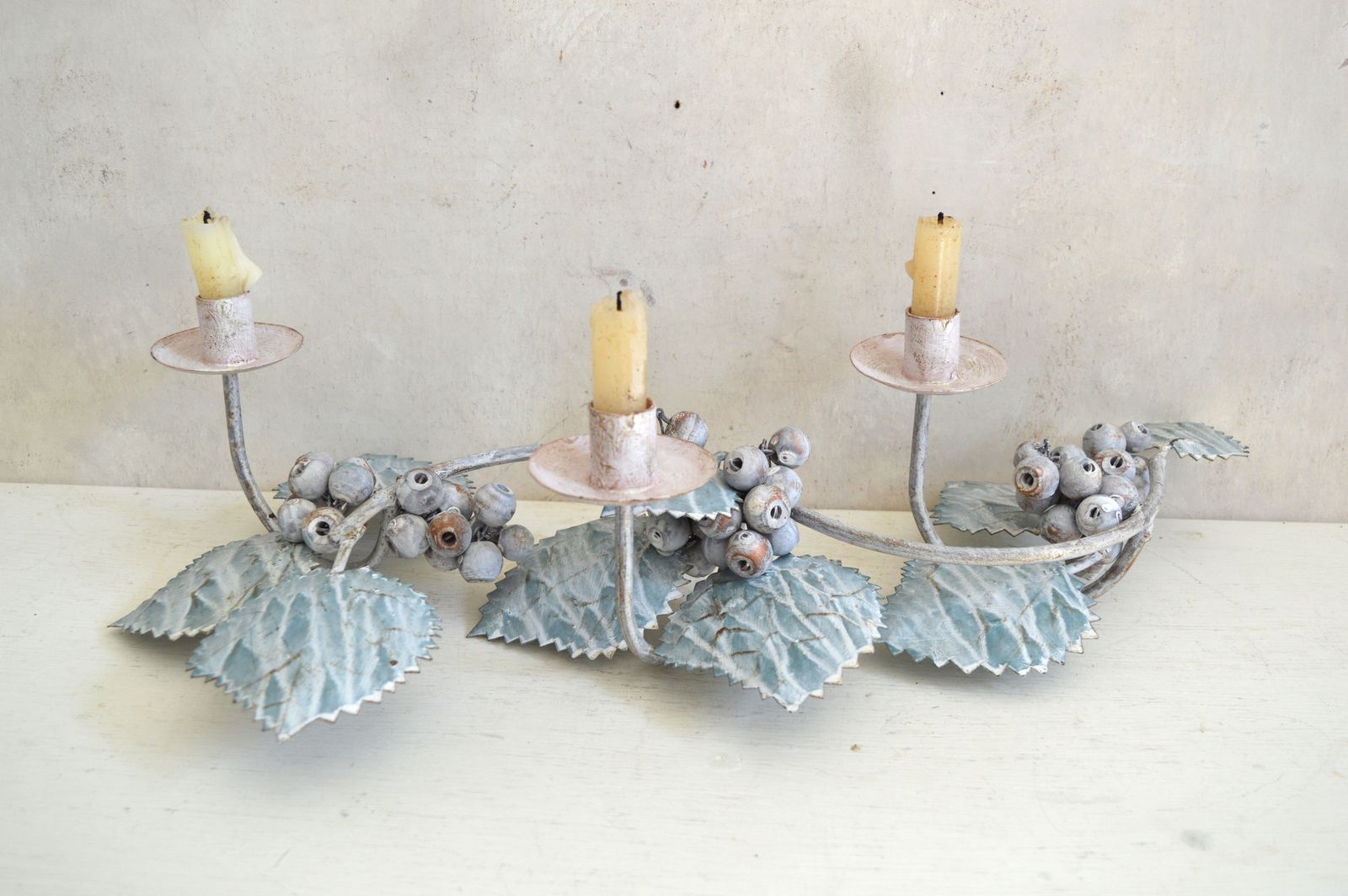 Rare Vintage Grapevine Metal Candle Holder With Blue‑Green Leaves photo Home Decor
