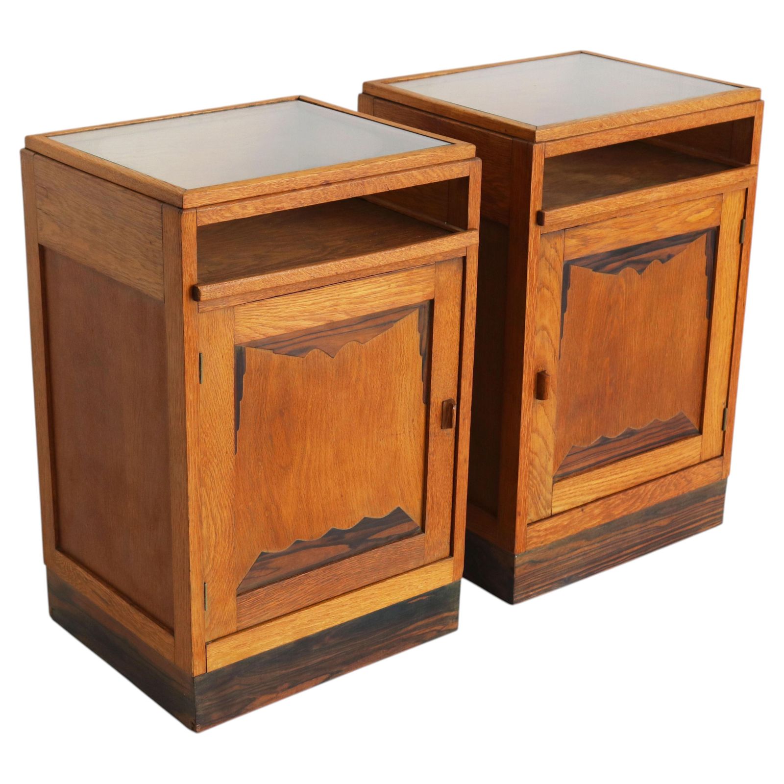 Pair Of Dutch Amsterdam School Bedside Tables 1920 Oak Glass Art Deco Nightstand
