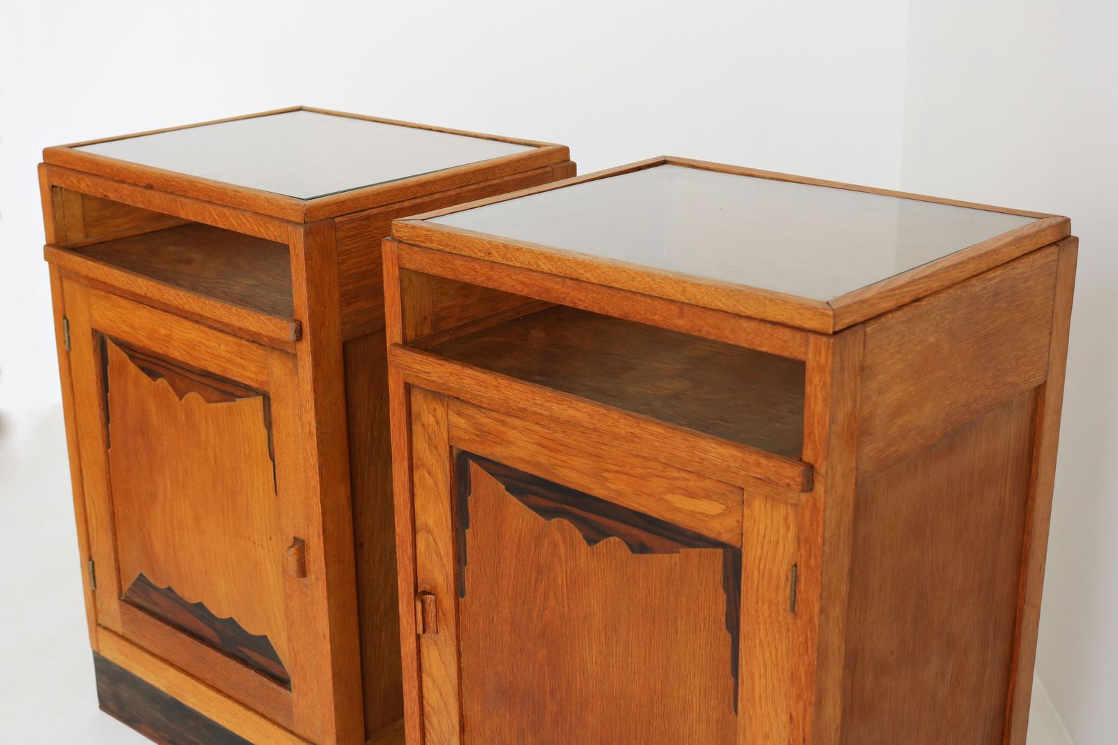 Pair Of Dutch Amsterdam School Bedside Tables 1920 Oak Glass Art Deco Nightstand photo furniture
