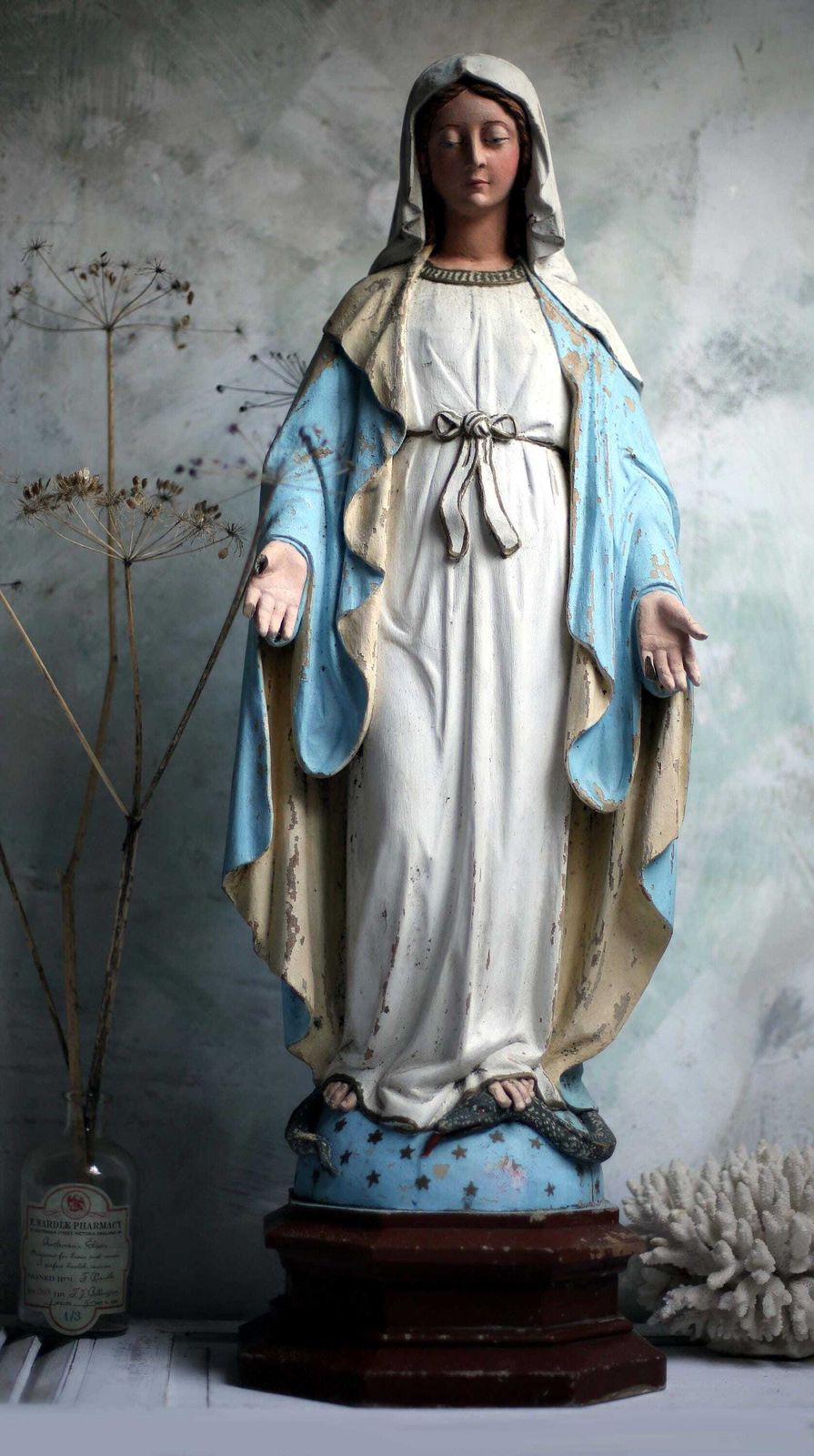 Huge Antique French Madonna Church Statue Large Wooden Polychrome Virgin Mary photo 1356.0
