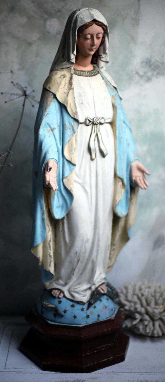 photo for sale Huge Antique French Madonna Church Statue Large Wooden Polychrome Virgin Mary