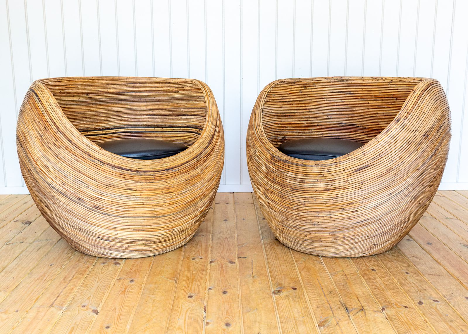 Pair Of Blonde Pod Tub Chairs Sculptural Organic Coastal Boho Mcm Conran Rattan Mediterranean Villa Modernis.T Studio Conservatory Patio