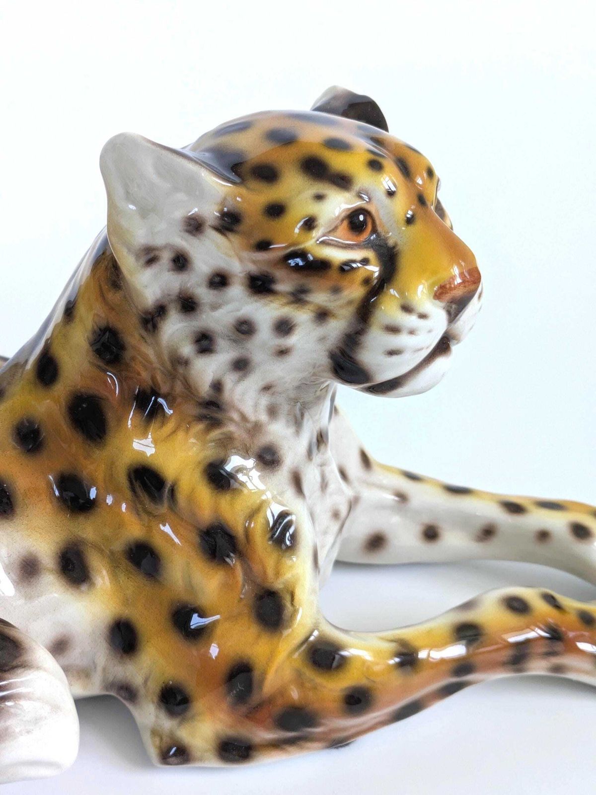 Large Italian Porcelain Leopard Pair Sculpture Mcm Hollywood Regency Ronzan Style photo buy