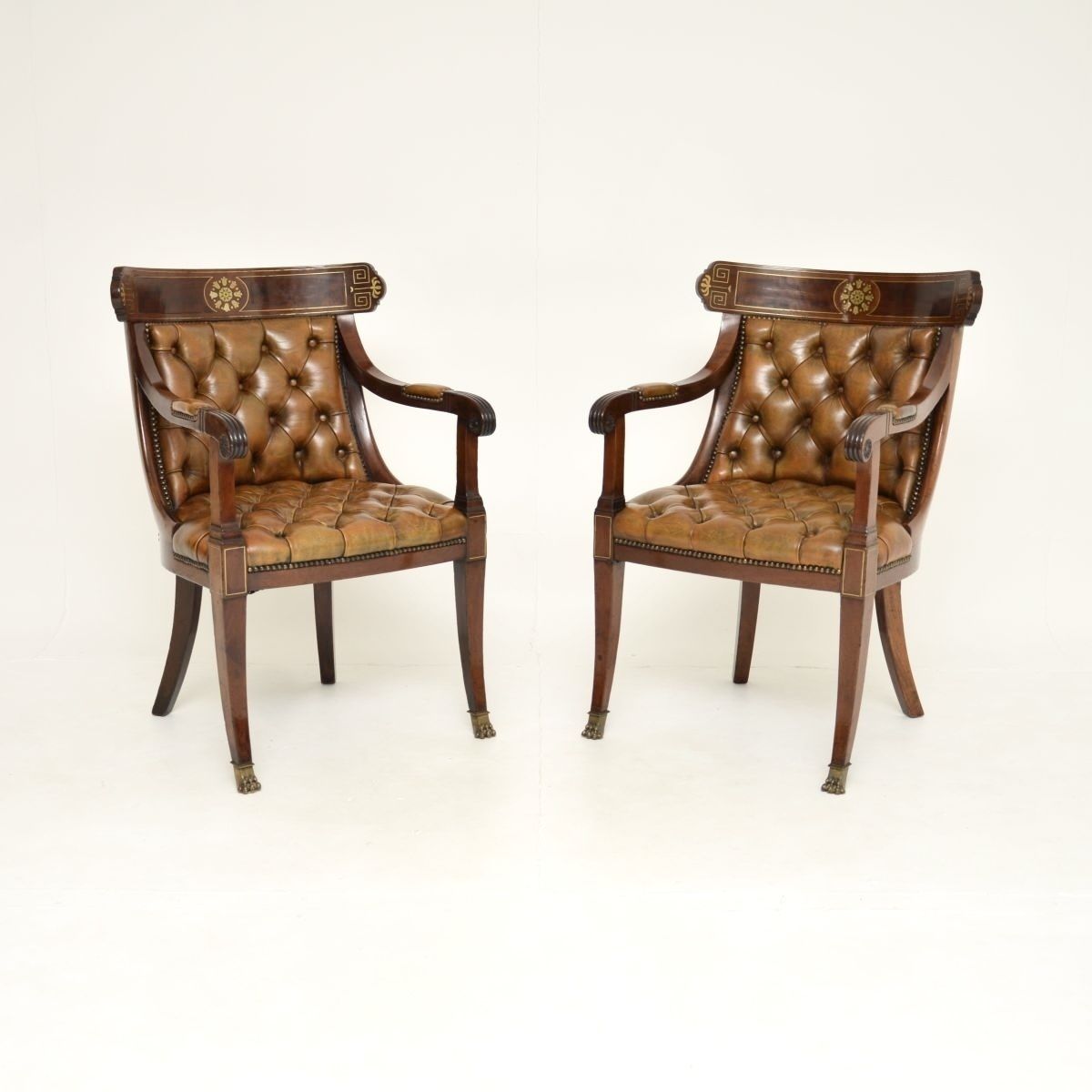 Pair Of Antique Regency Period Brass Inlaid Mahogany And Leather Armchairs