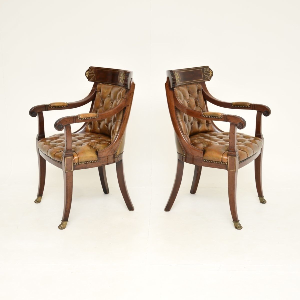 Pair Of Antique Regency Period Brass Inlaid Mahogany And Leather Armchairs photo for sale