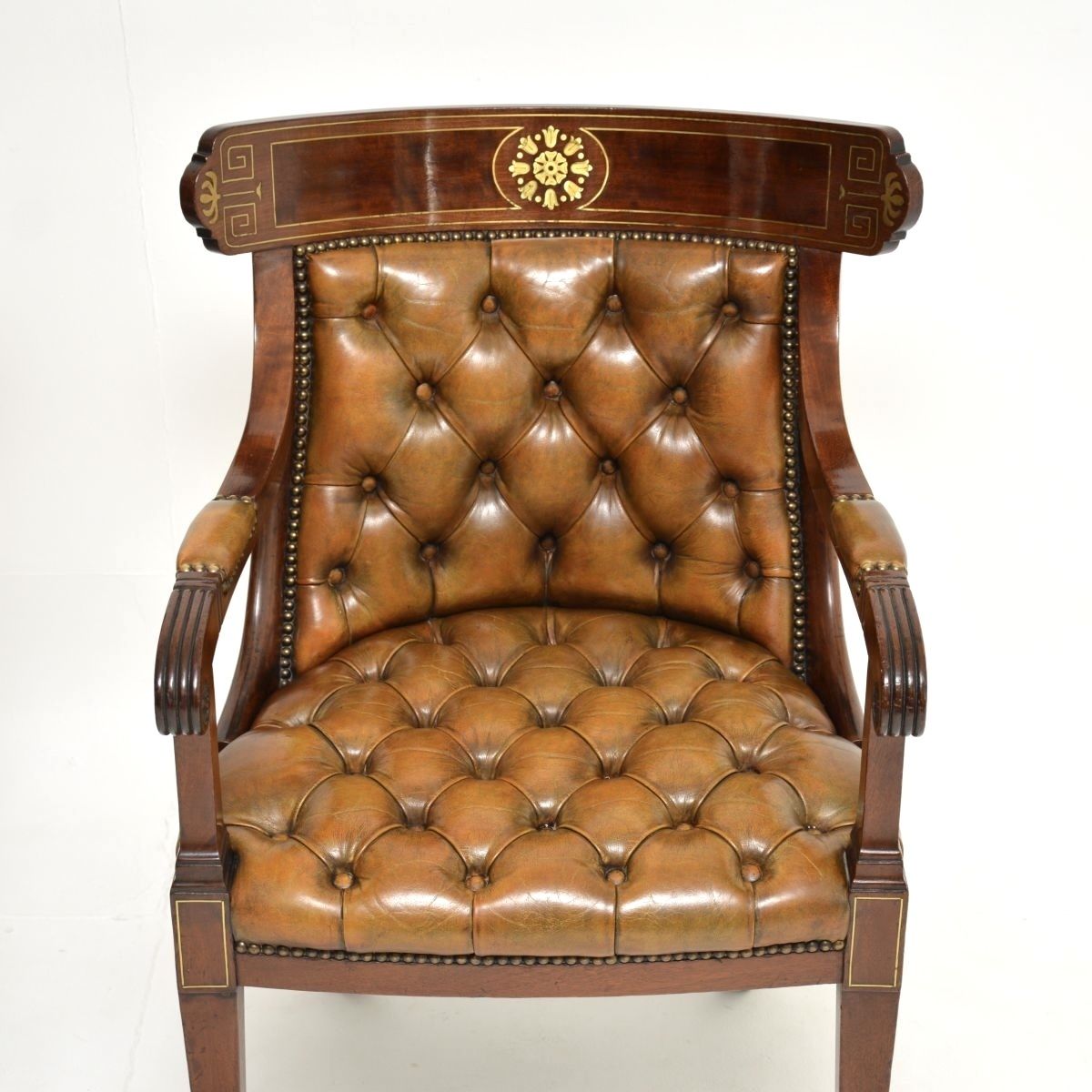 Pair Of Antique Regency Period Brass Inlaid Mahogany And Leather Armchairs photo 7475.0