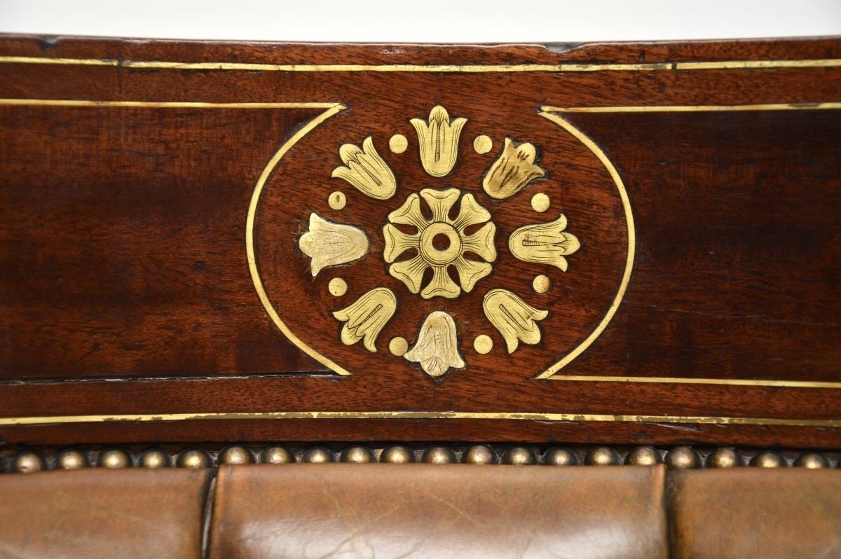 Pair Of Antique Regency Period Brass Inlaid Mahogany And Leather Armchairs photo vintage