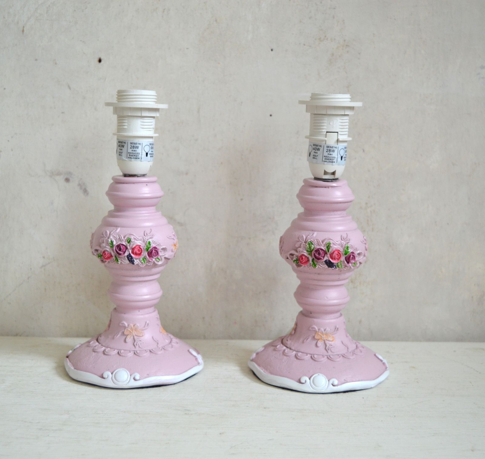 Rare Pair Pink Floral Table Lamps – Shabby Chic Rose Lampshades   In Line Switch Lighting photo furniture