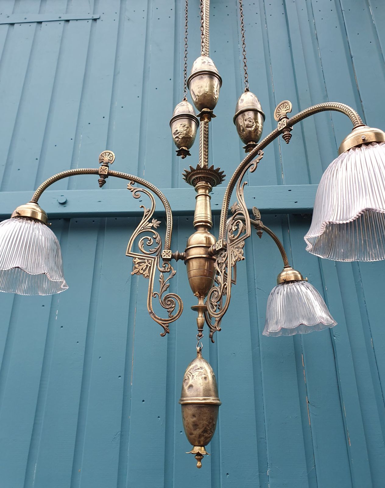 Antique Brass Rise And Fall Chandelier With Glass Shades photo for sale
