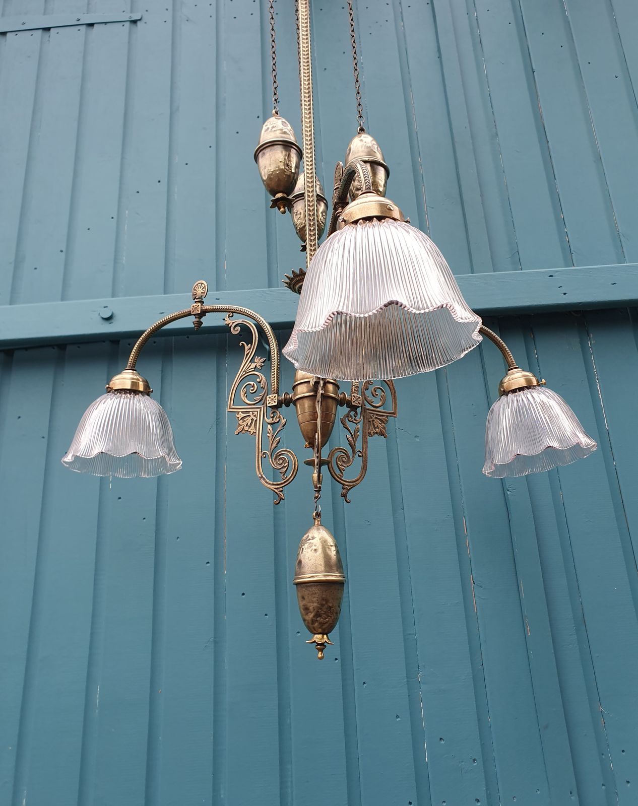 Antique Brass Rise And Fall Chandelier With Glass Shades photo vinterior