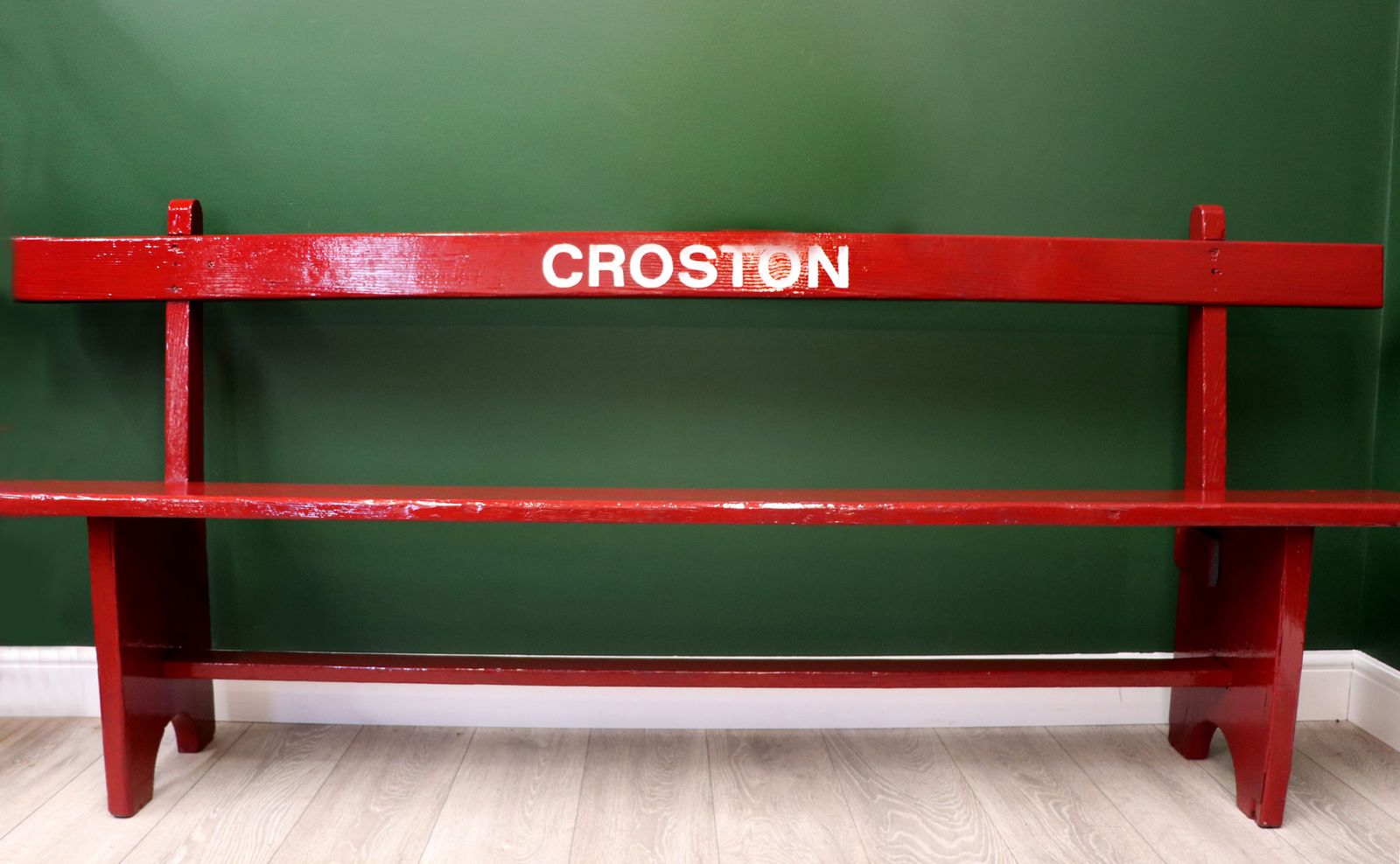 A Lovely Red Painted Wooden Bench, Later Inscribed With Croston.