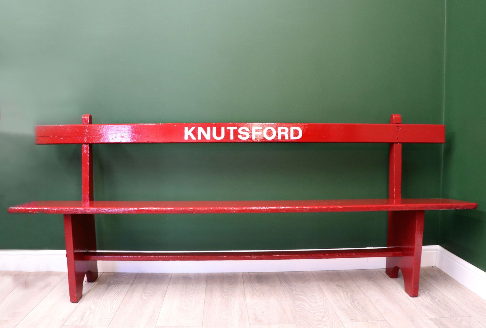 A Lovely Red Painted Wooden Bench Later Inscribed With Knutsford.