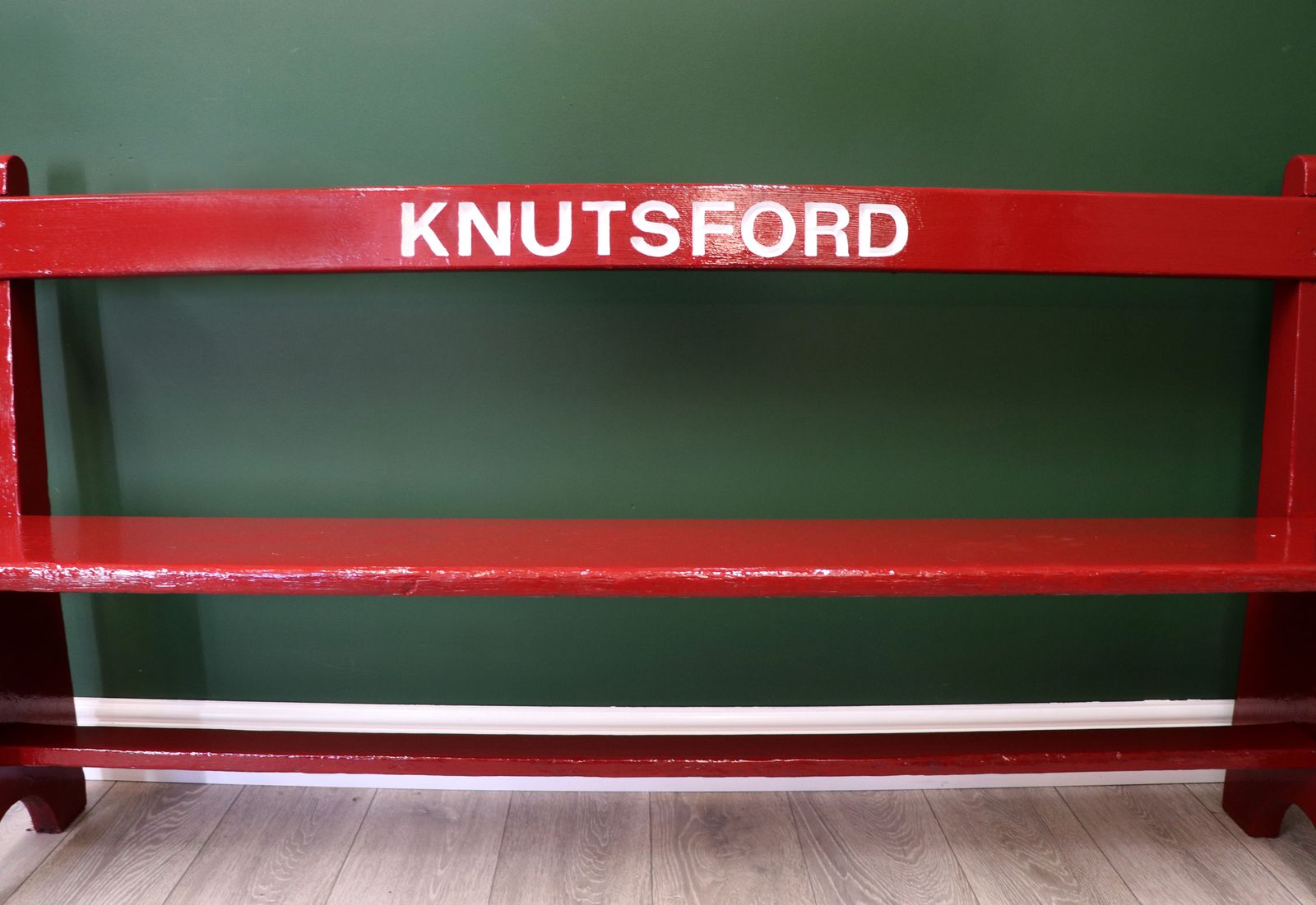 A Lovely Red Painted Wooden Bench Later Inscribed With Knutsford. photo Furniture