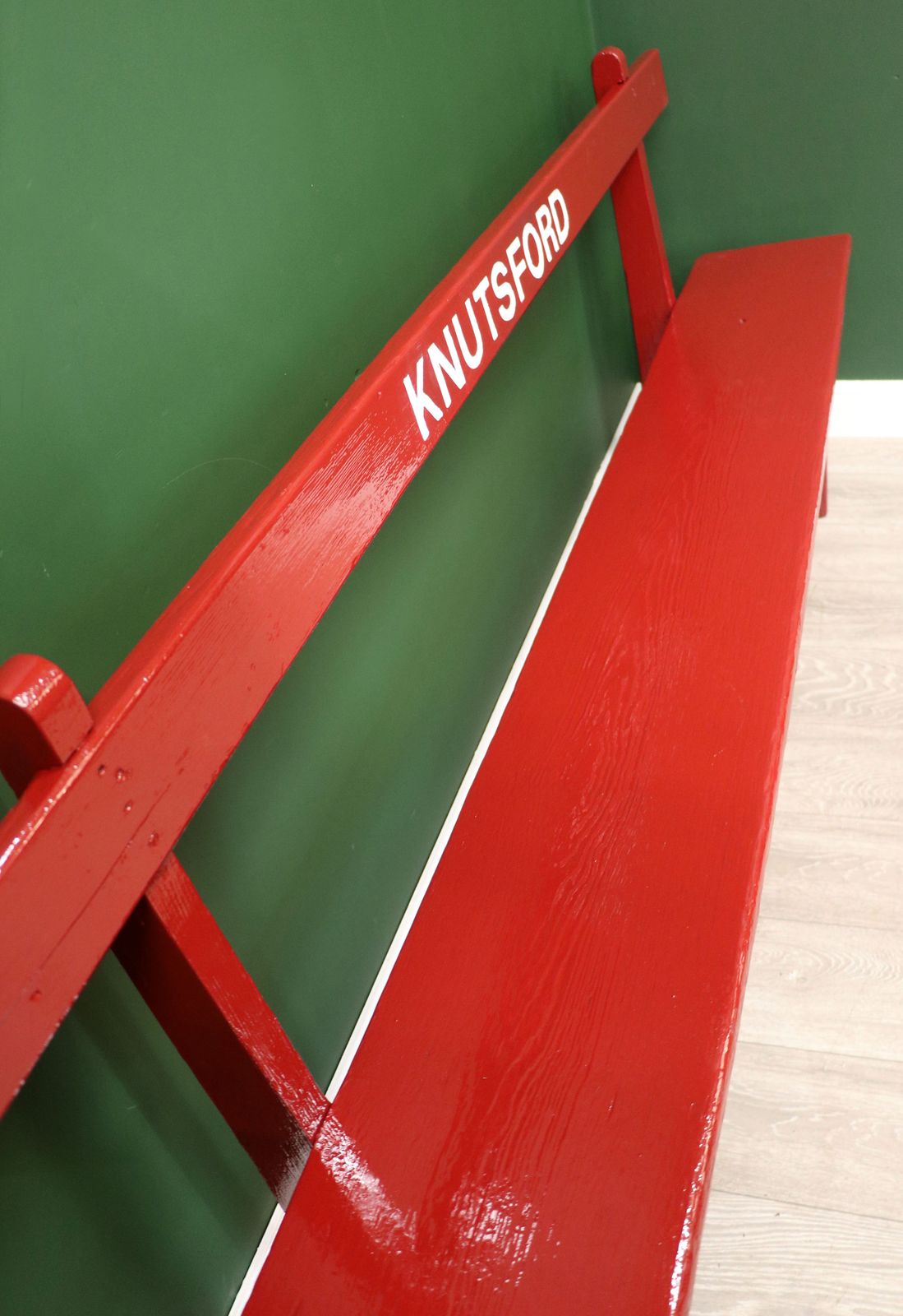 A Lovely Red Painted Wooden Bench Later Inscribed With Knutsford. photo vintage
