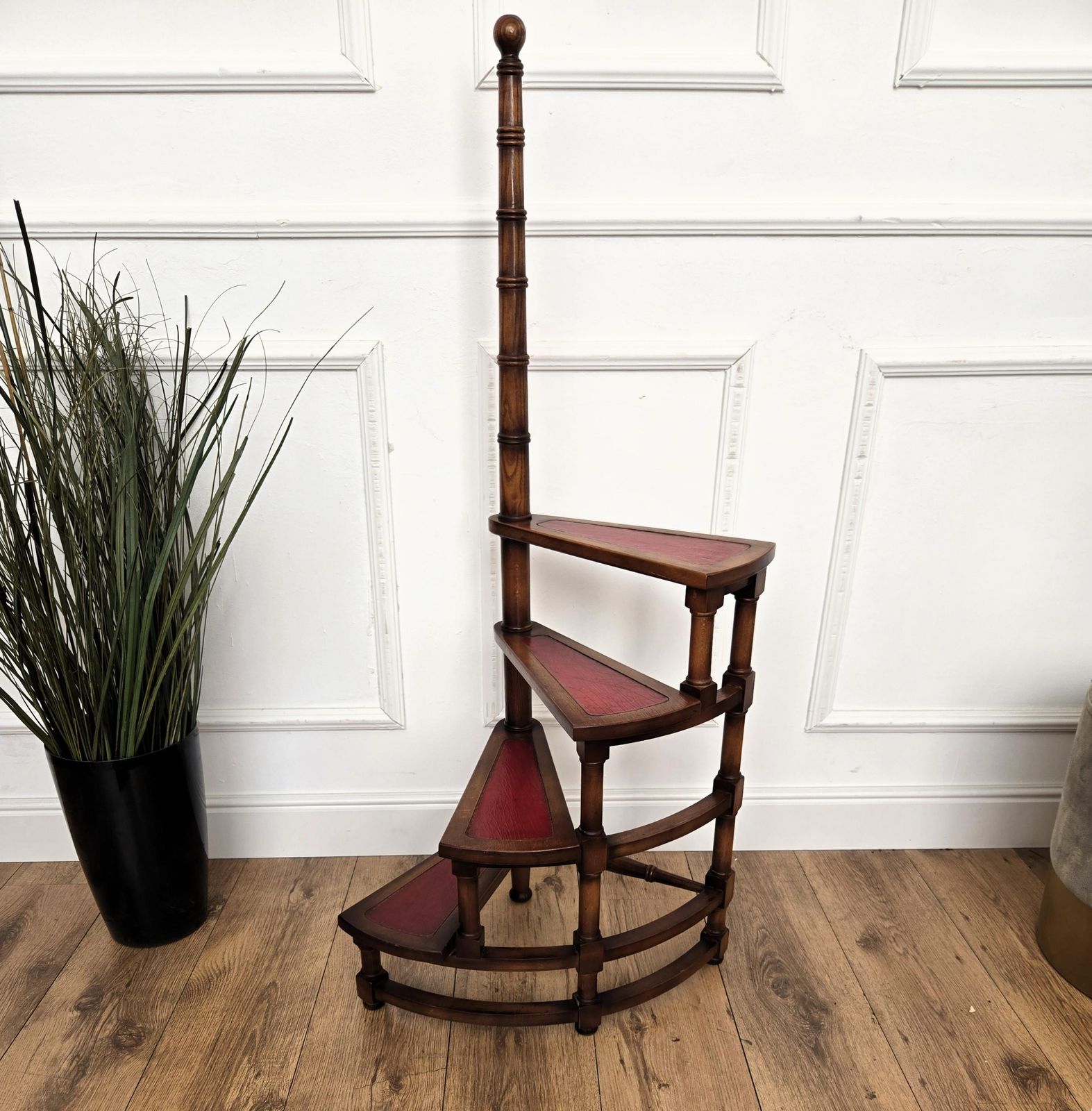 Midcentury Italian Carved Walnut Wood And Leather Spiral 4 Step Library Ladder photo furniture