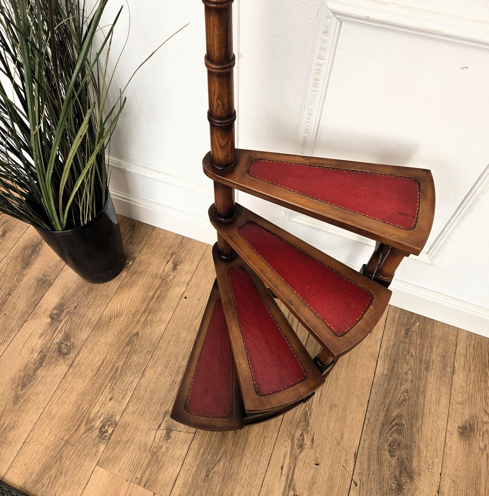 Midcentury Italian Carved Walnut Wood And Leather Spiral 4 Step Library Ladder photo Home Decor