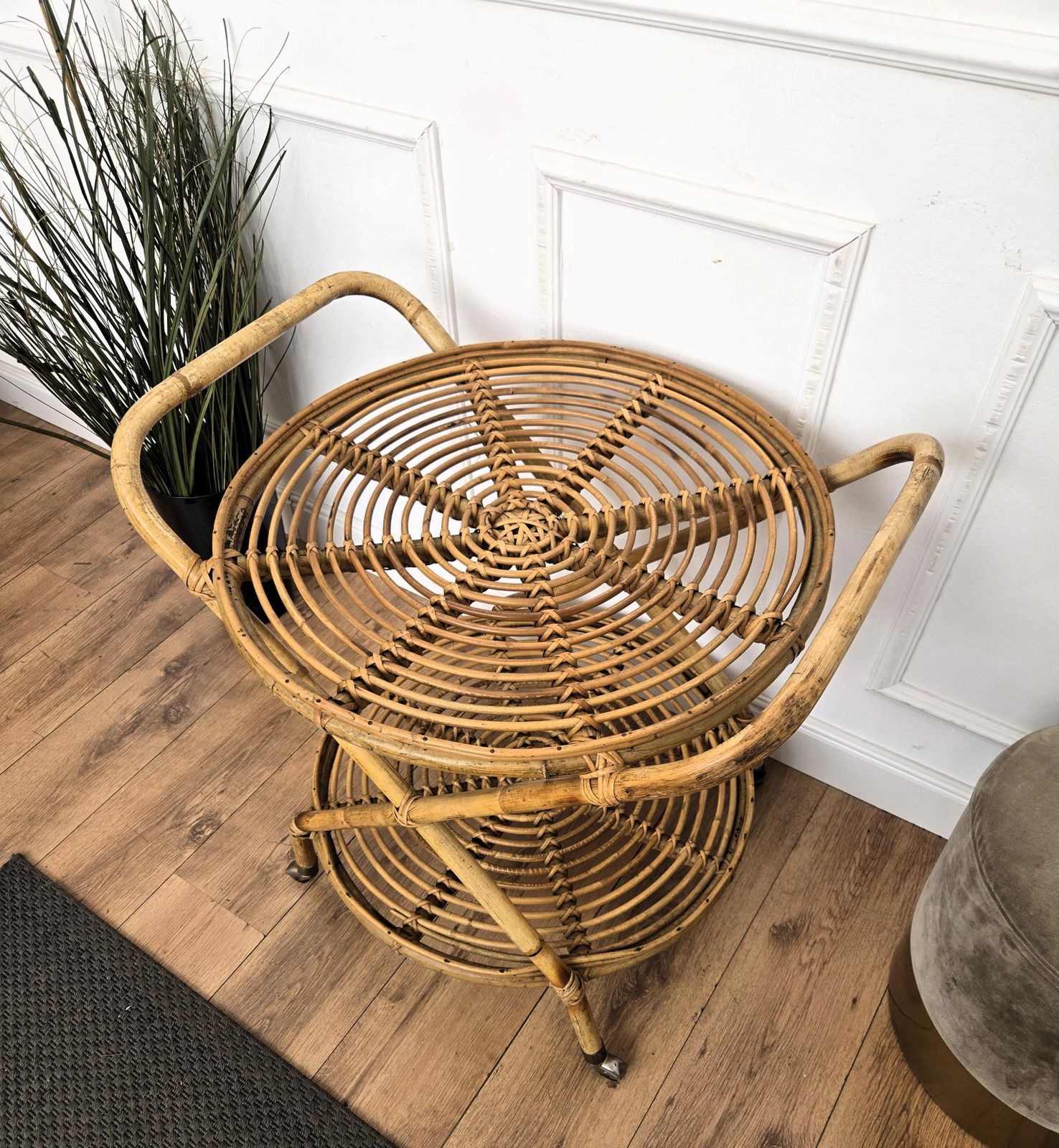 1970s Italian Bamboo Rattan Bohemian French Riviera Serving Bar Cart Cabinet photo buy