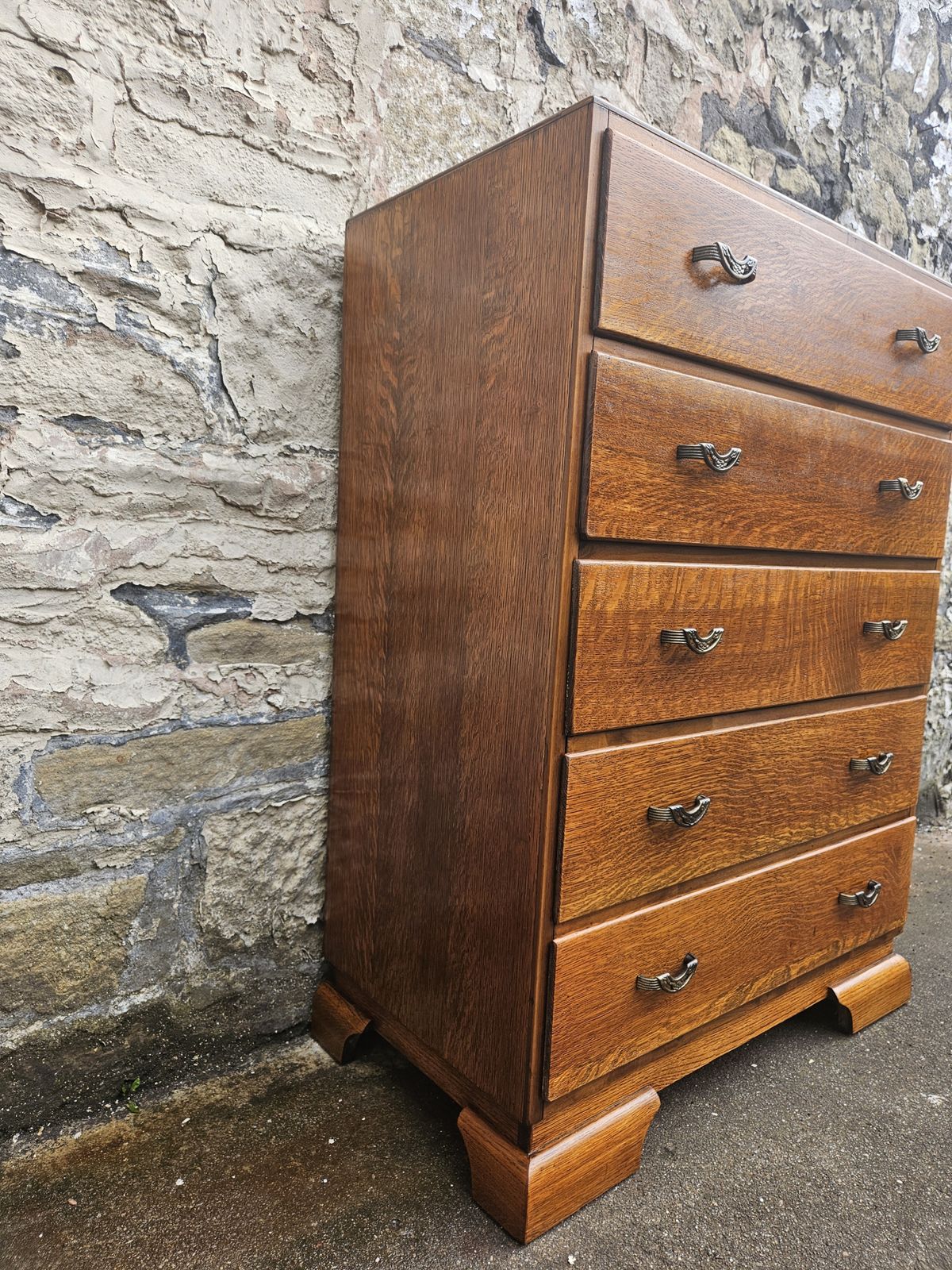 445.0 Vintage Oak Chest Of Drawers: Five Drawer Tallboy Cabinet photo