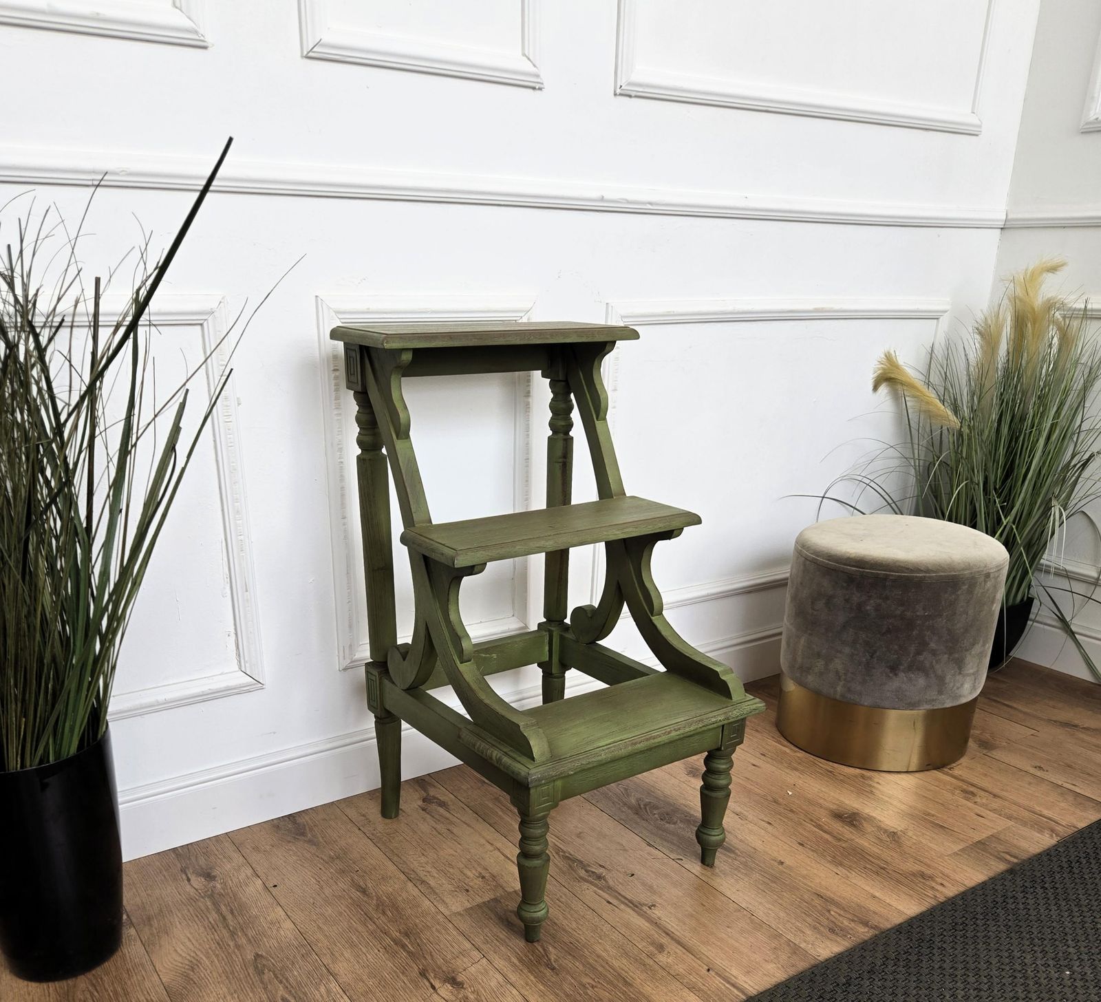 Tuscany Italian Country Carved Painted Wood 3 Step Library Ladder photo furniture