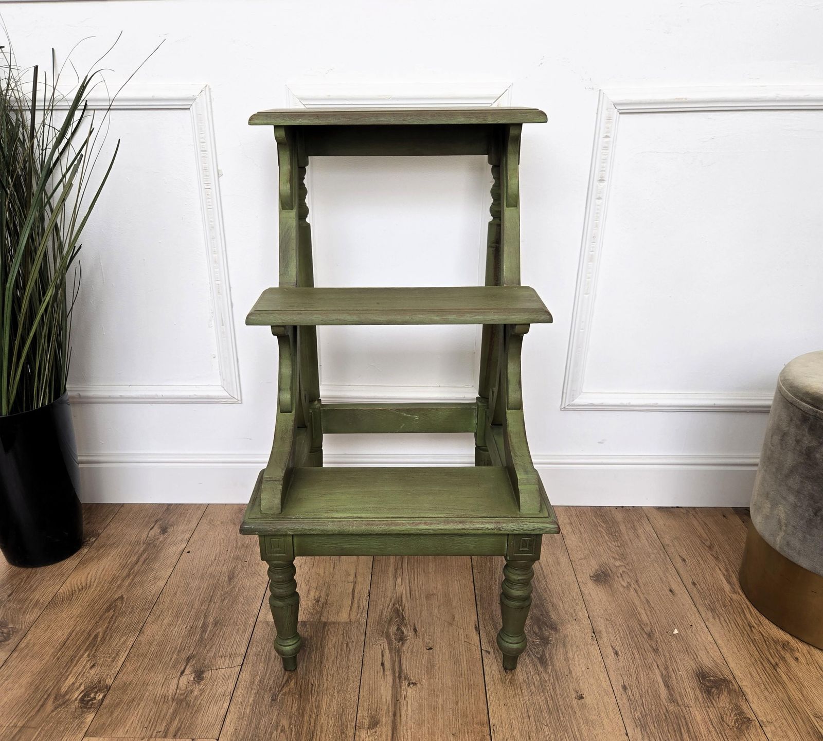 Tuscany Italian Country Carved Painted Wood 3 Step Library Ladder photo Home Decor
