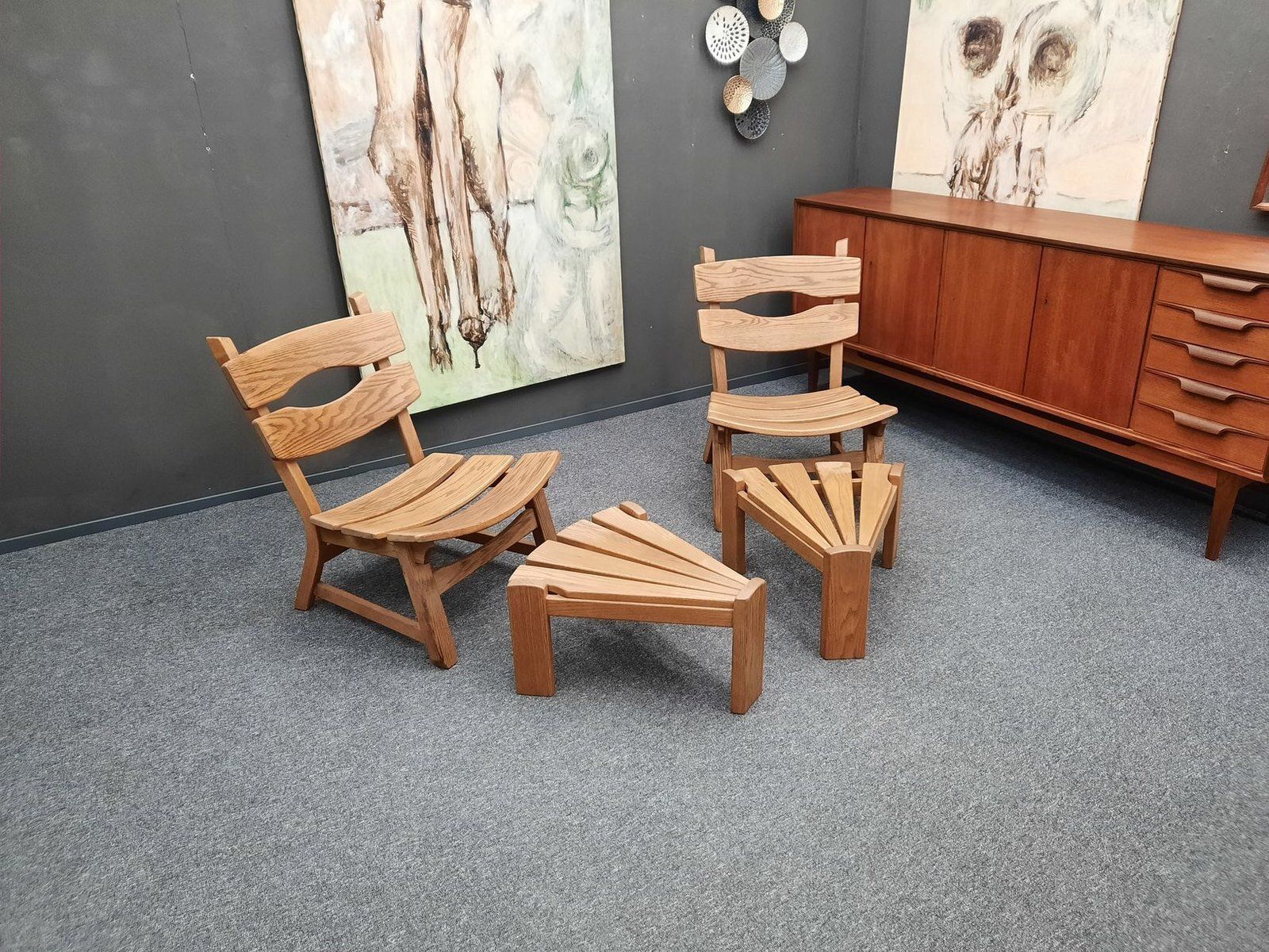 Brutalist Oak Armchairs And Footstools By Awa Holland For Awa Meubelfabriek, 1979, Set Of 4