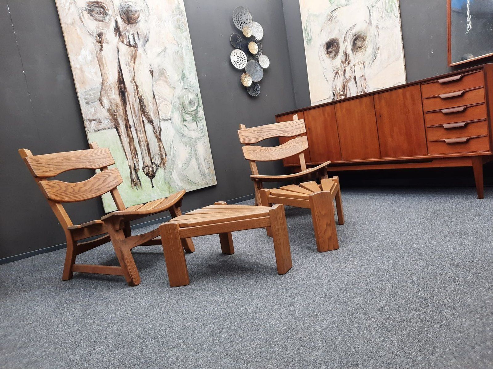 Brutalist Oak Armchairs And Footstools By Awa Holland For Awa Meubelfabriek, 1979, Set Of 4 photo Furniture