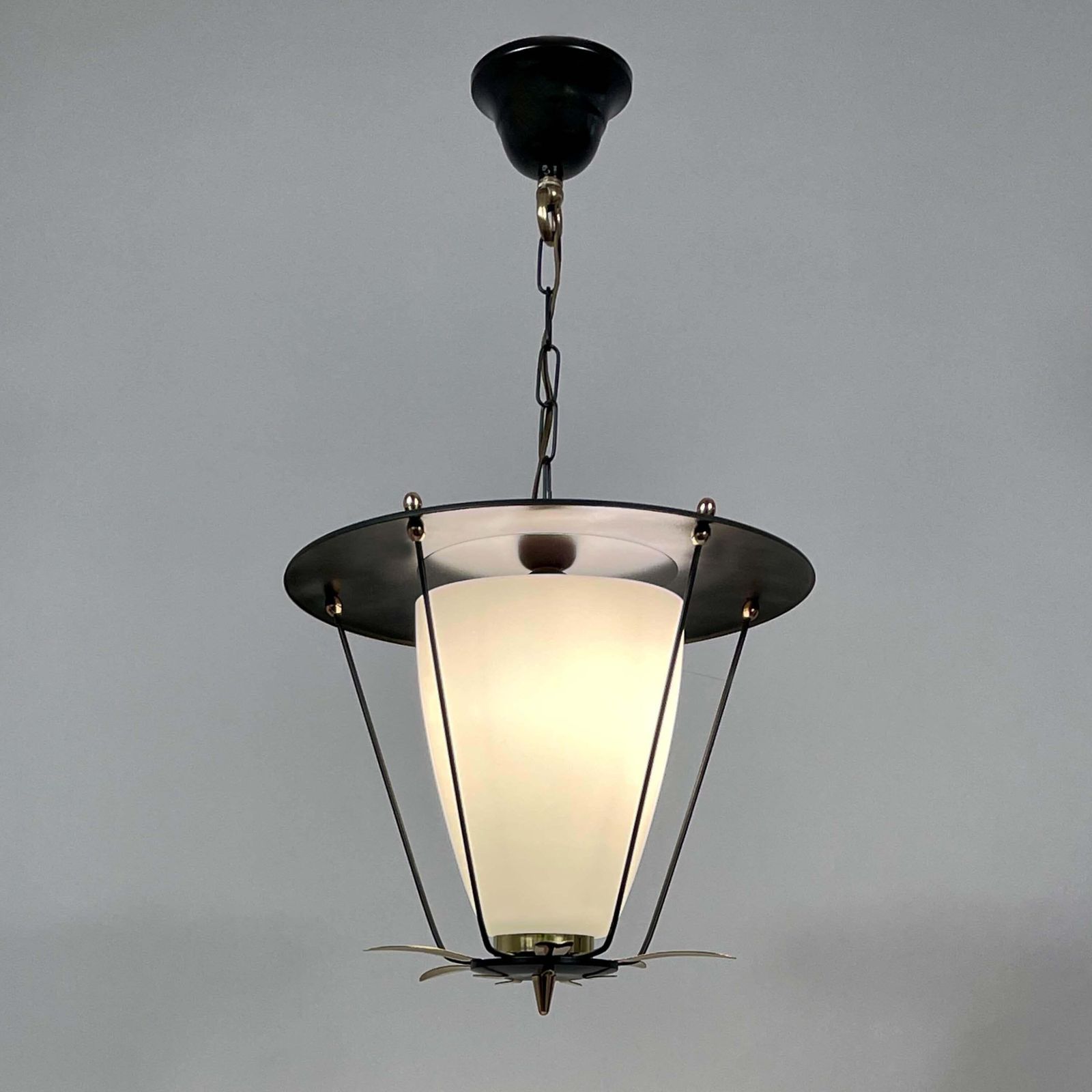 Black Metal And White Opaline Lantern With Brass Details, France 1950s photo 1263.0