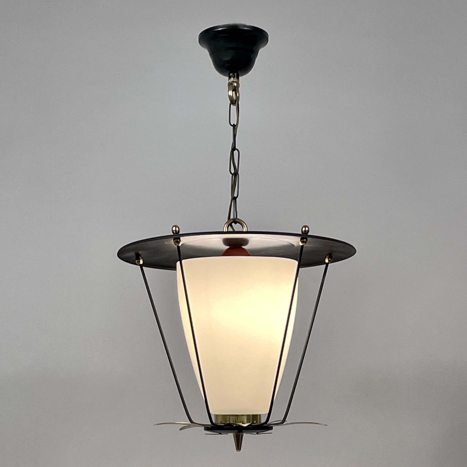 Black Metal And White Opaline Lantern With Brass Details, France 1950s photo vinterior