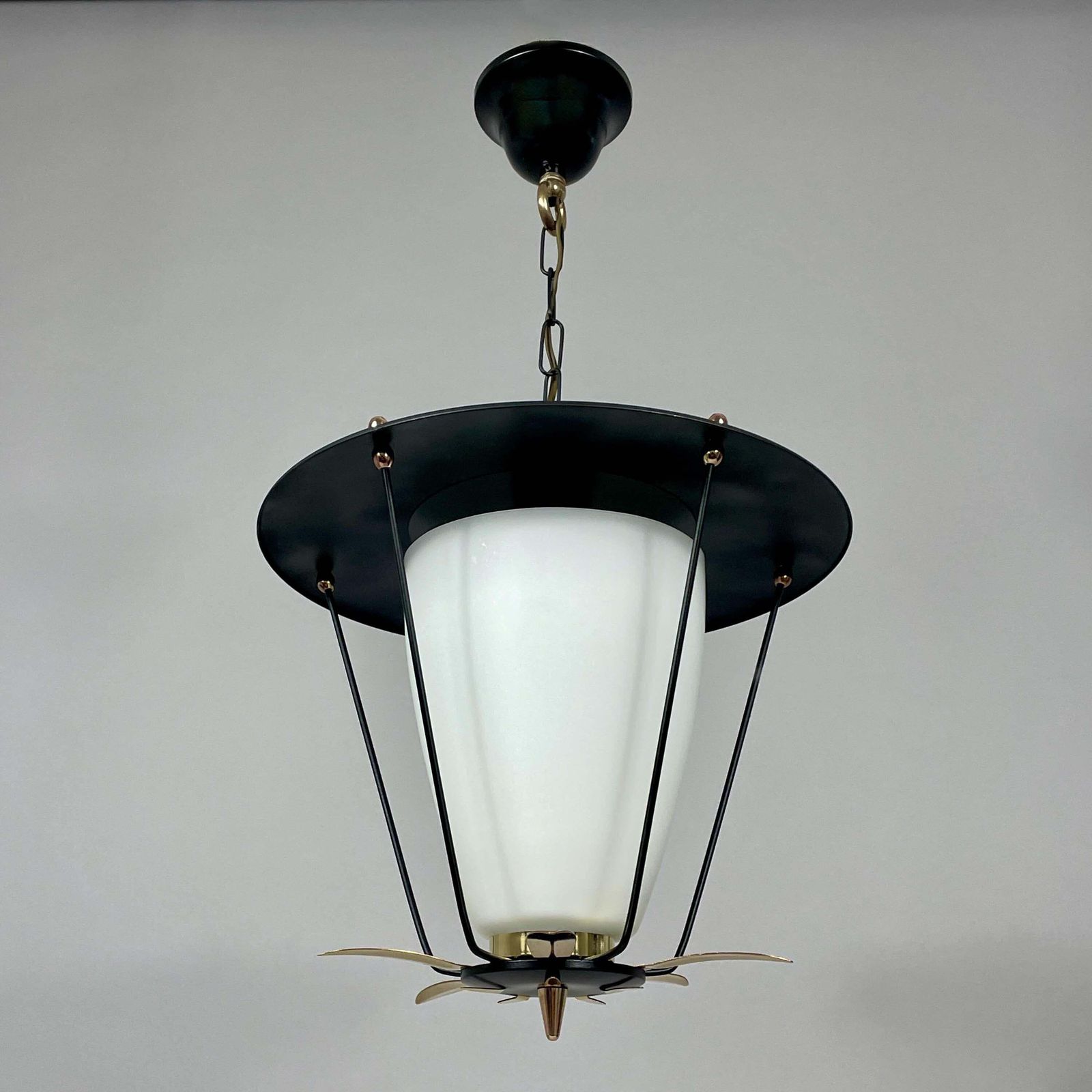 Black Metal And White Opaline Lantern With Brass Details, France 1950s photo buy