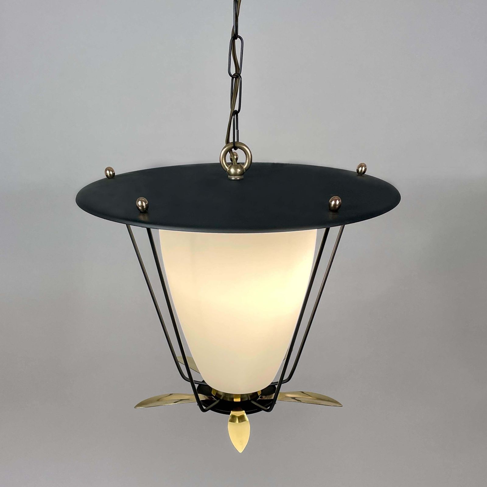 photo vinterior Black Metal And White Opaline Lantern With Brass Details, France 1950s